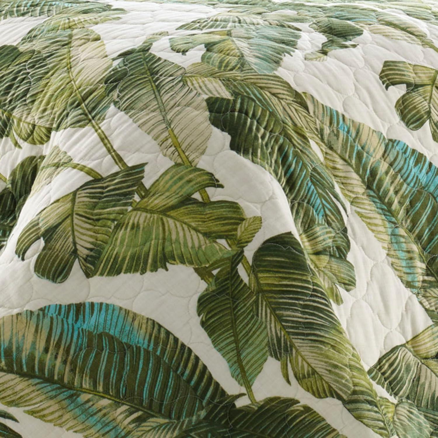 Twin White Cotton Reversible Quilt Set with Green Palm Design