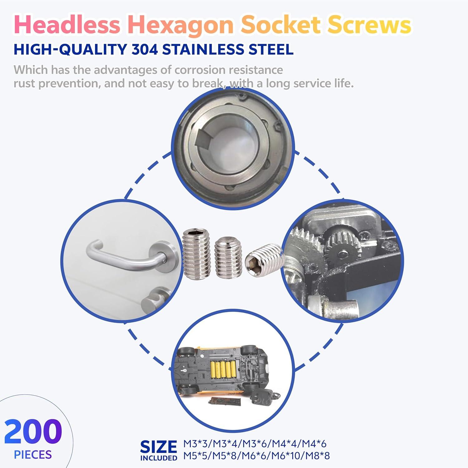 200pcs Stainless Steel Hex Allen Head Socket Set Screw Assortment Kit Socket Set Screw with Internal Hex Drive (Silver)