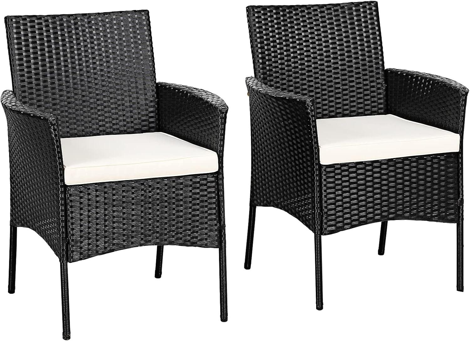 HMTtie Patio Dining Chairs Set of 2, Indoor Outdoor Wicker Armchairs with Cane Back, Soft Cushions, 2 Pack PE Woven Rattan Kitchen & Dining Room Chairs, 360LBS Weight Capacity (2, Black+Beige)