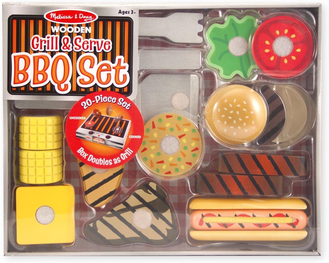 Melissa & Doug Grill and Serve BBQ Set (20 pcs) - Wooden Play Food and Accessories