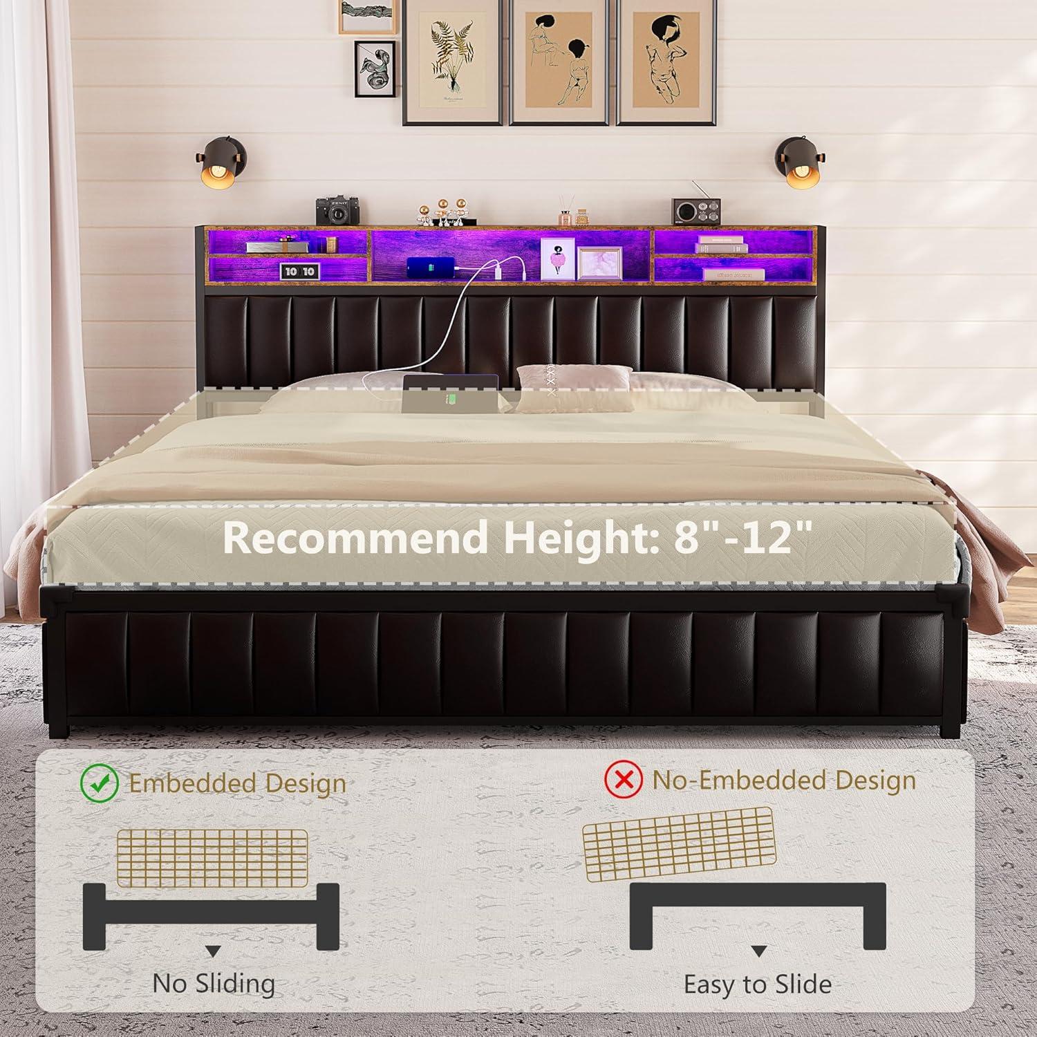 Kanchi Upholstered Metal Platform LED Bed Frame with 4 Storage Drawers and Bookcase Headboard, Black