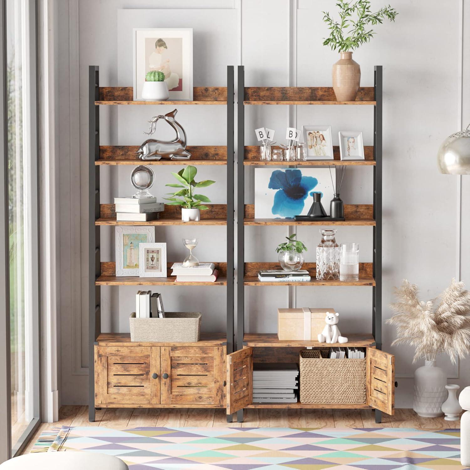 IRONCK Bookshelf with Louvered Doors, 4 Shelves Ladder Shelf with Cabinet Rustic Brown