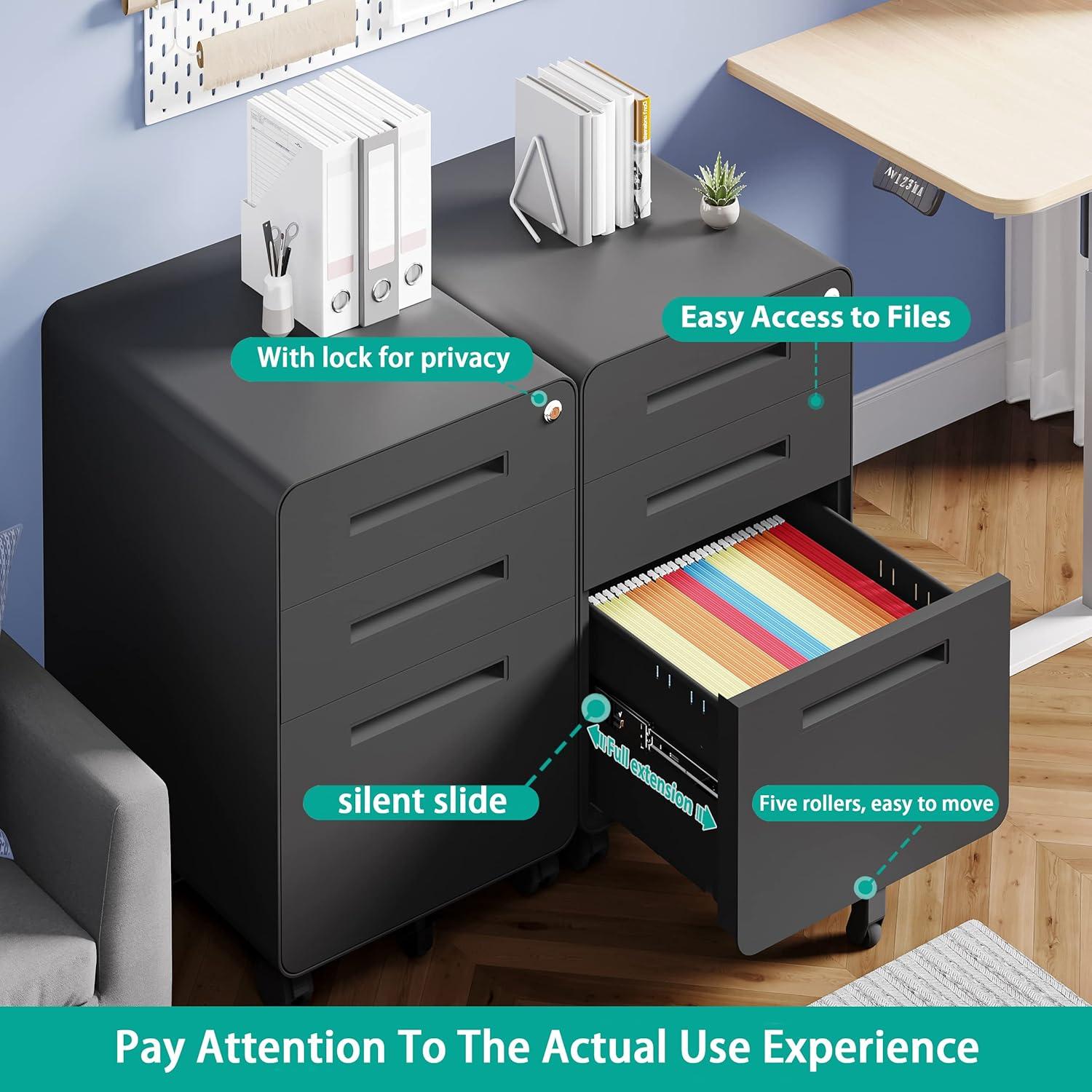 DaiZuY 3 Drawer Mobile File Cabinet with Lock, Heavy Duty Metal Filing Cabinet Rolling Pedestal Under Desk for Home Office, Legal/Letter/A4 Size, Fully Assembled, Black