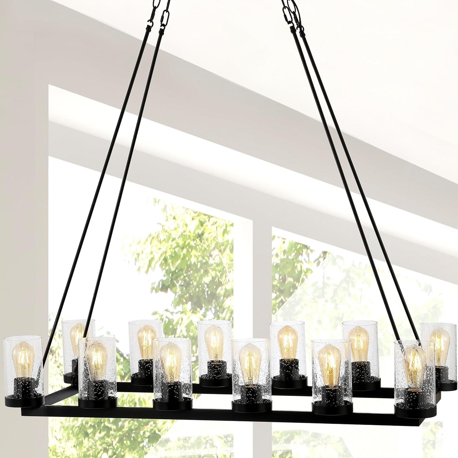 Athos 45.5" 12-Light Seeded Glass/Iron Rustic Farmhouse Linear LED Candelier, Oil Rubbed Bronze