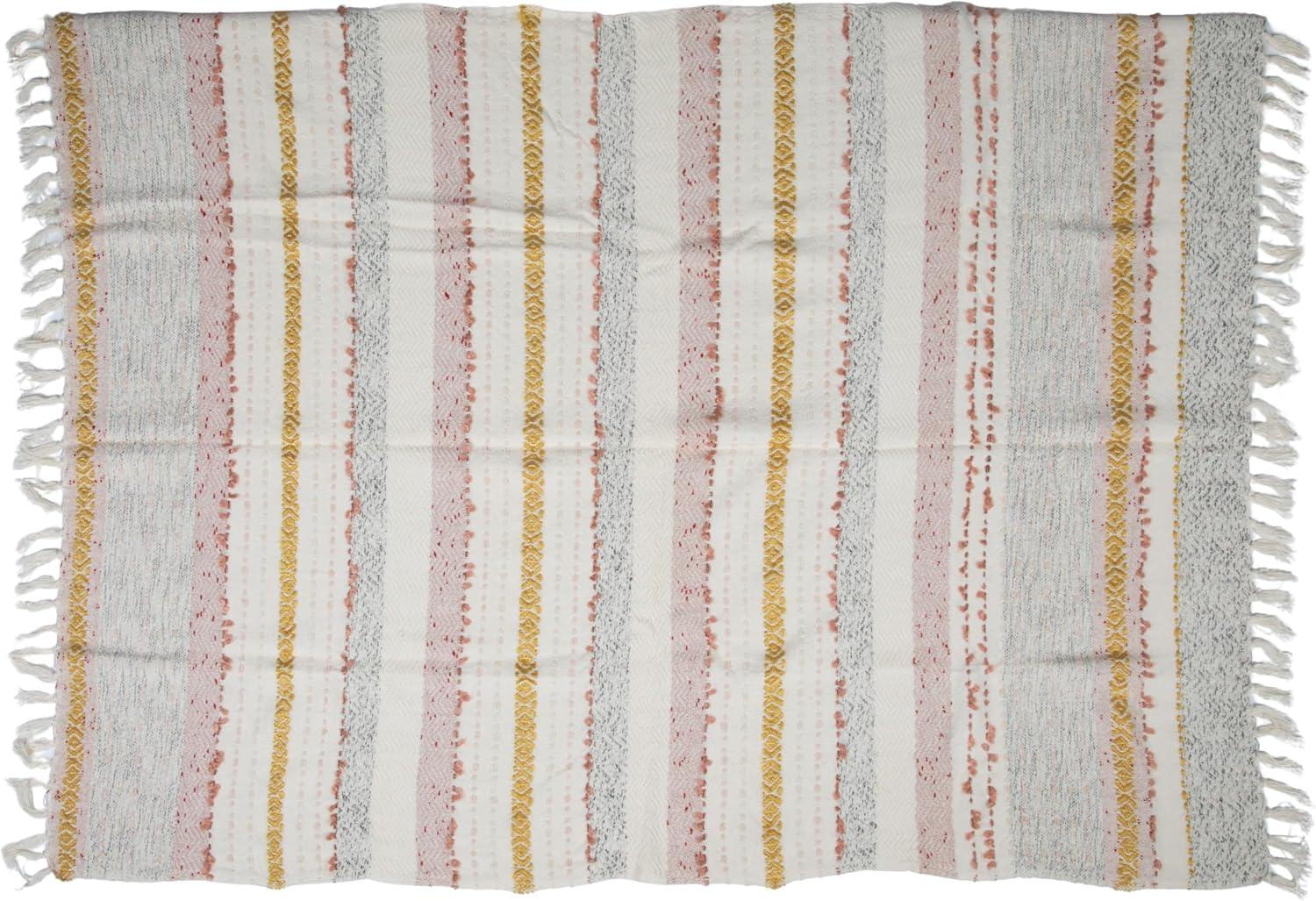 Multicolor Woven Cotton Striped and Embroidered Throw Blanket with Fringe