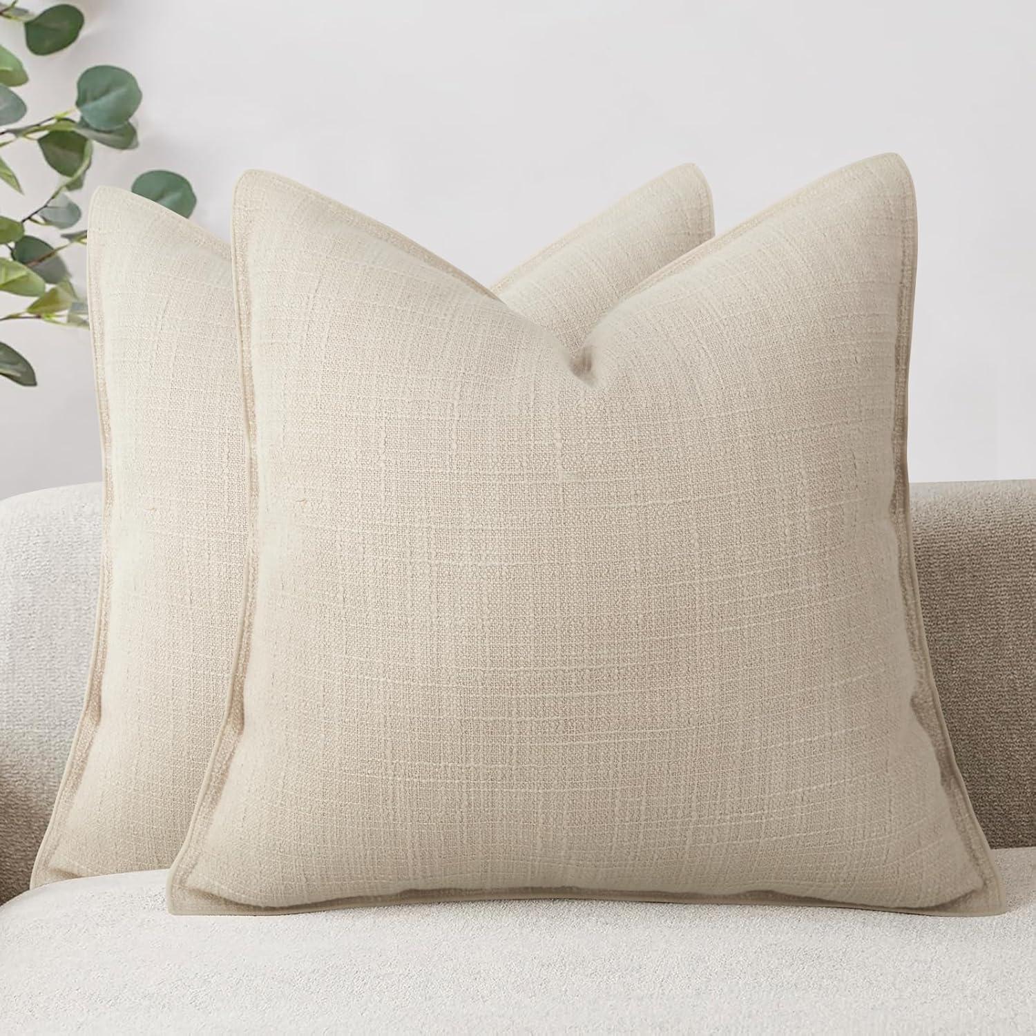 MADIZZ Set of 2 Linen Throw Pillow Covers with Broad Edge Soft Boho Decorative Pillow Cases for Sofa Bedroom Modern Pillow Shell 18x18 Inch Beige