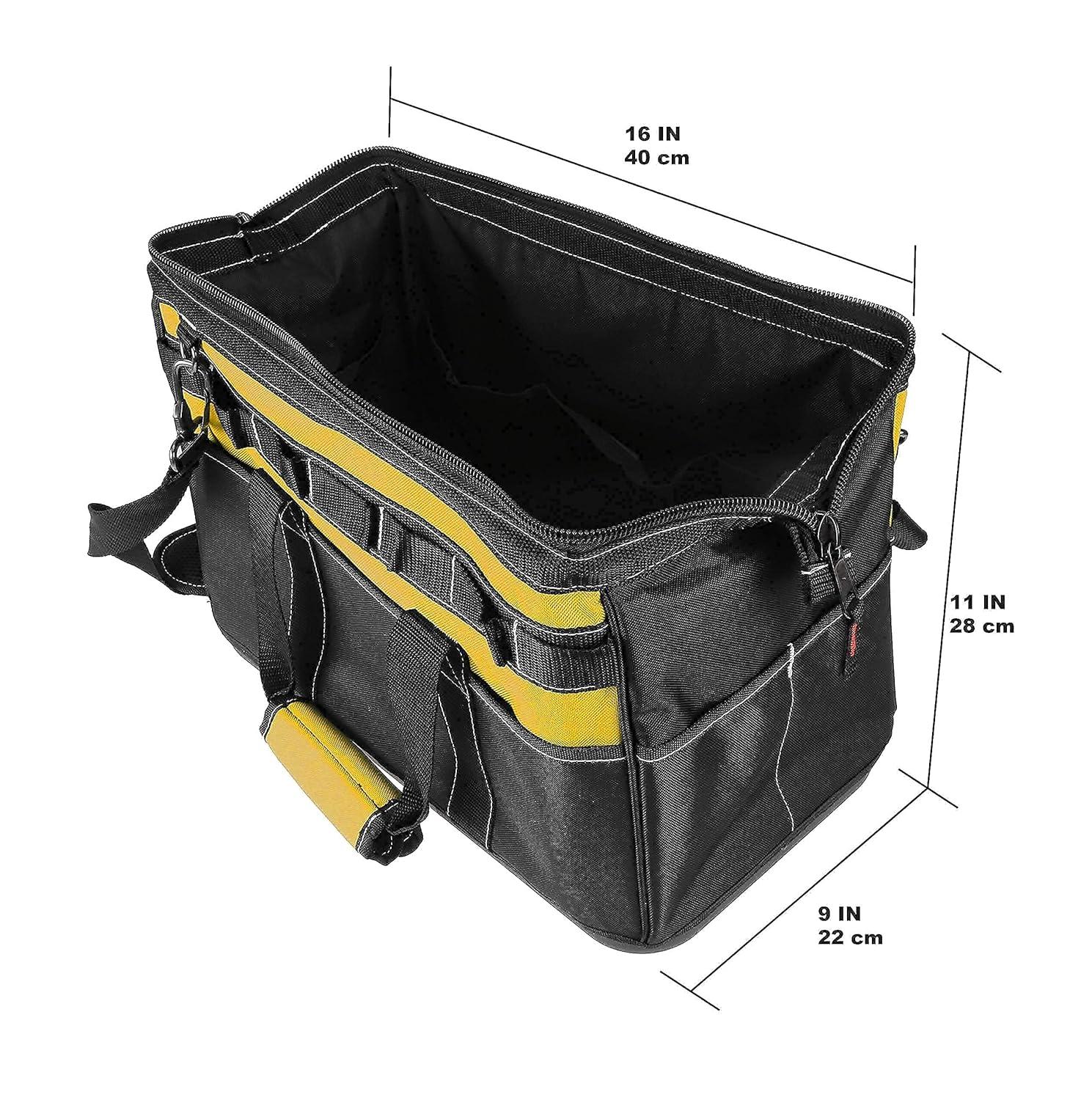 Olympia Tools 16 Inch Wide Mouth Tool Bag, Tool Tote with Water Proof Molded Base, Tool Bags for men with 21 Pockets and 7 Belt Loops, Padded Handle, Adjustable Shoulder Strap