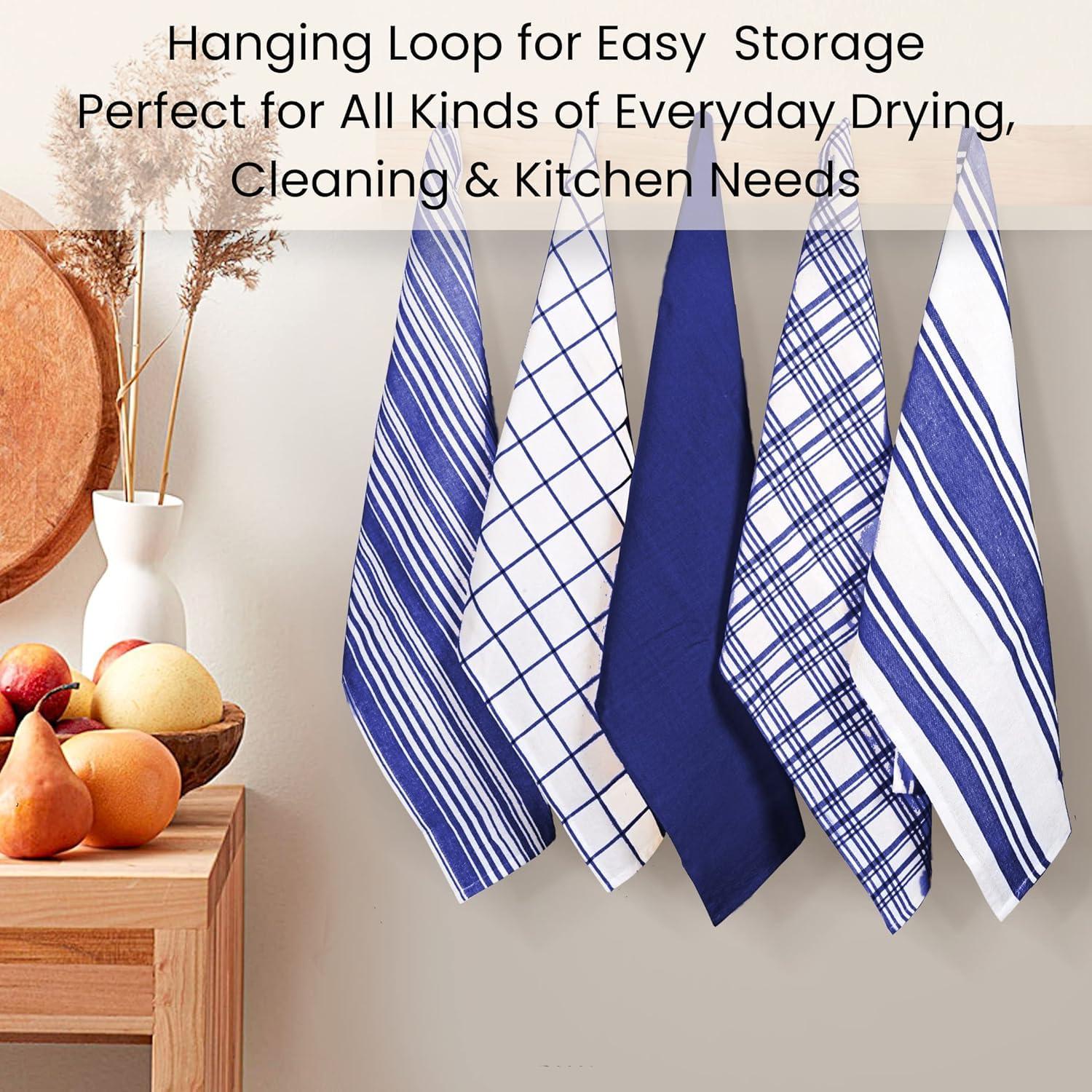 Cotton Clinic Assorted Kitchen Towels 5 Pack – Soft Absorbent Quick Drying Table & Kitchen Linen - Dish Towels, Dish Cloths, Tea Towel and Cleaning Towel with Hanging Loop – 16x28 / Navy White