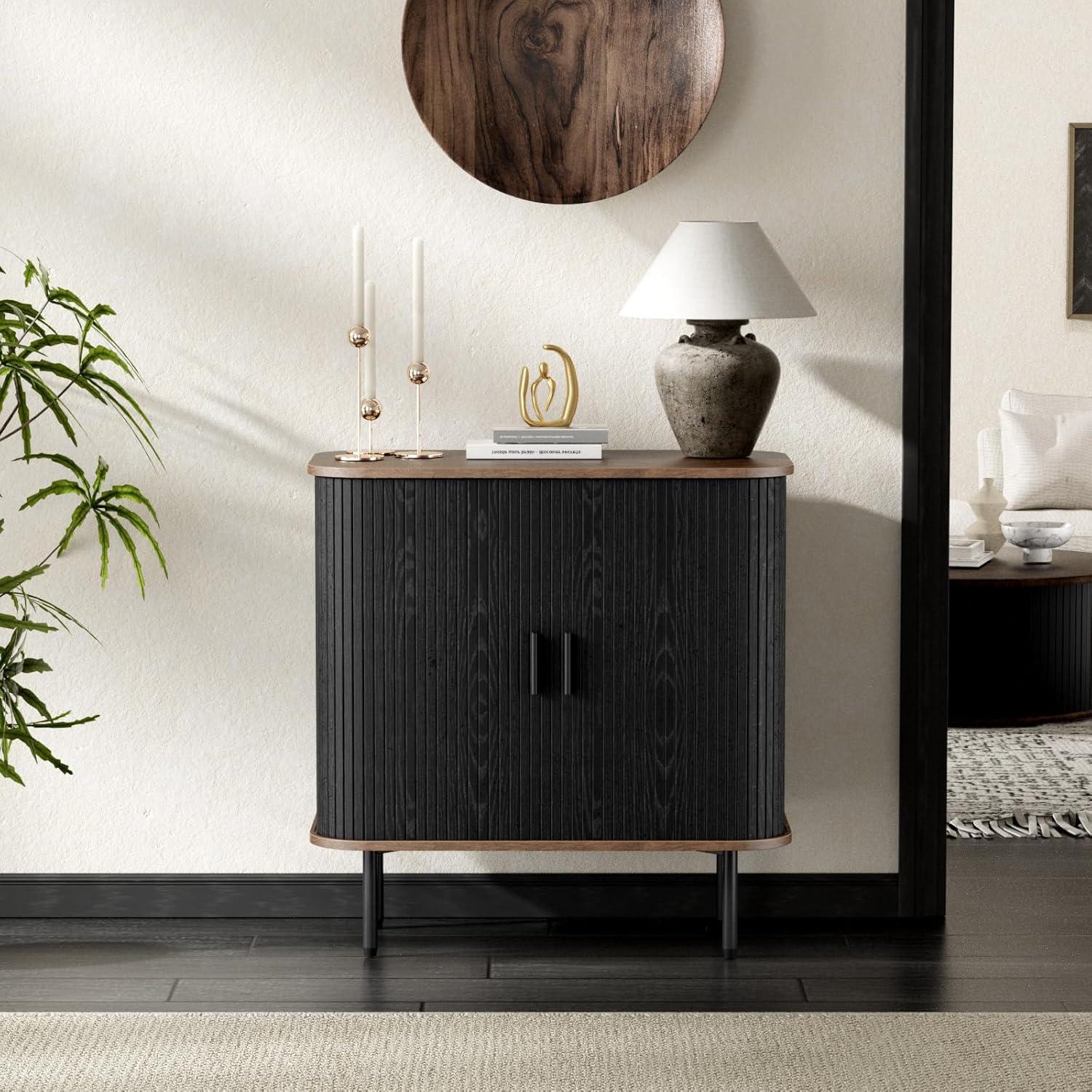 31'' Black and Walnut Fluted Sideboard Cabinet with Sliding Doors