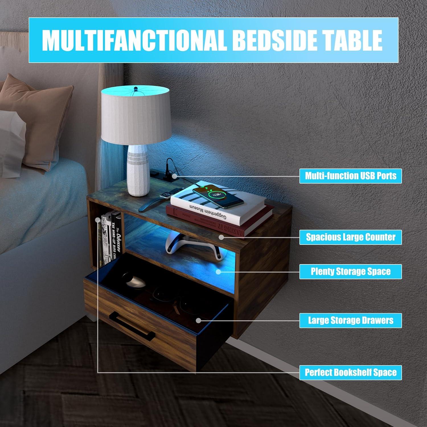 Floating Nightstand with Charging Station and LED Light Strips, 21.3" Night Stand with Drawers, Floating Bedside with USB Ports and Outlets, Bedroom Furniture