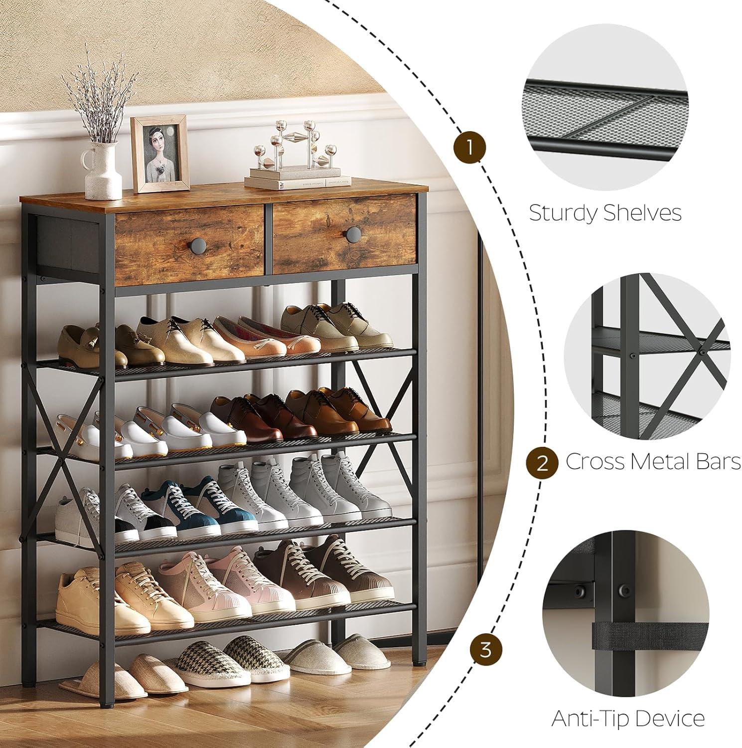 VASAGLE 5 Tier Shoe Rack for Entryway - Industrial Style Shoe Storage Organizer for 16-20 Pairs - Sturdy Wooden Top, Steel Frame - Rustic Brown/Black