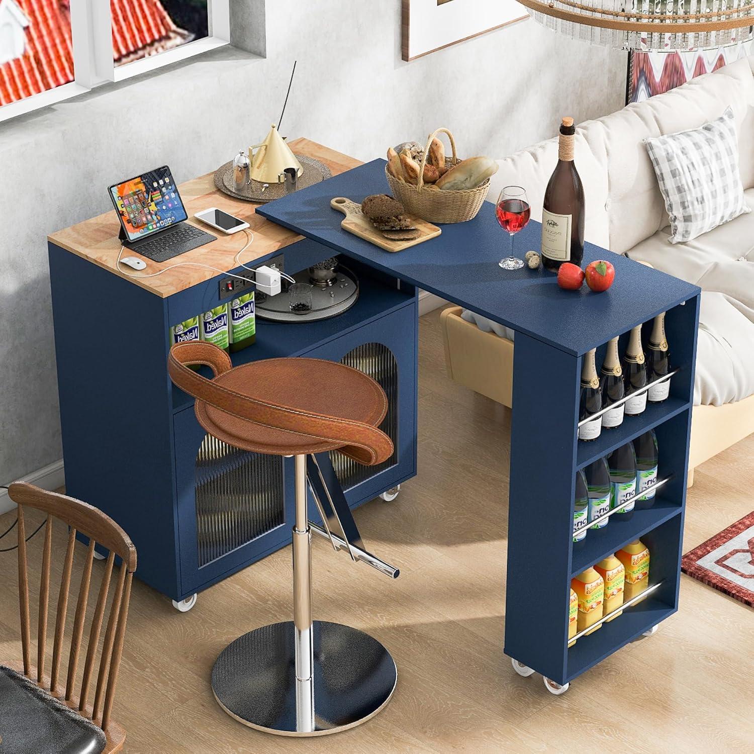 Navy Blue Rolling Kitchen Island with Fluted Glass Doors and LED Light