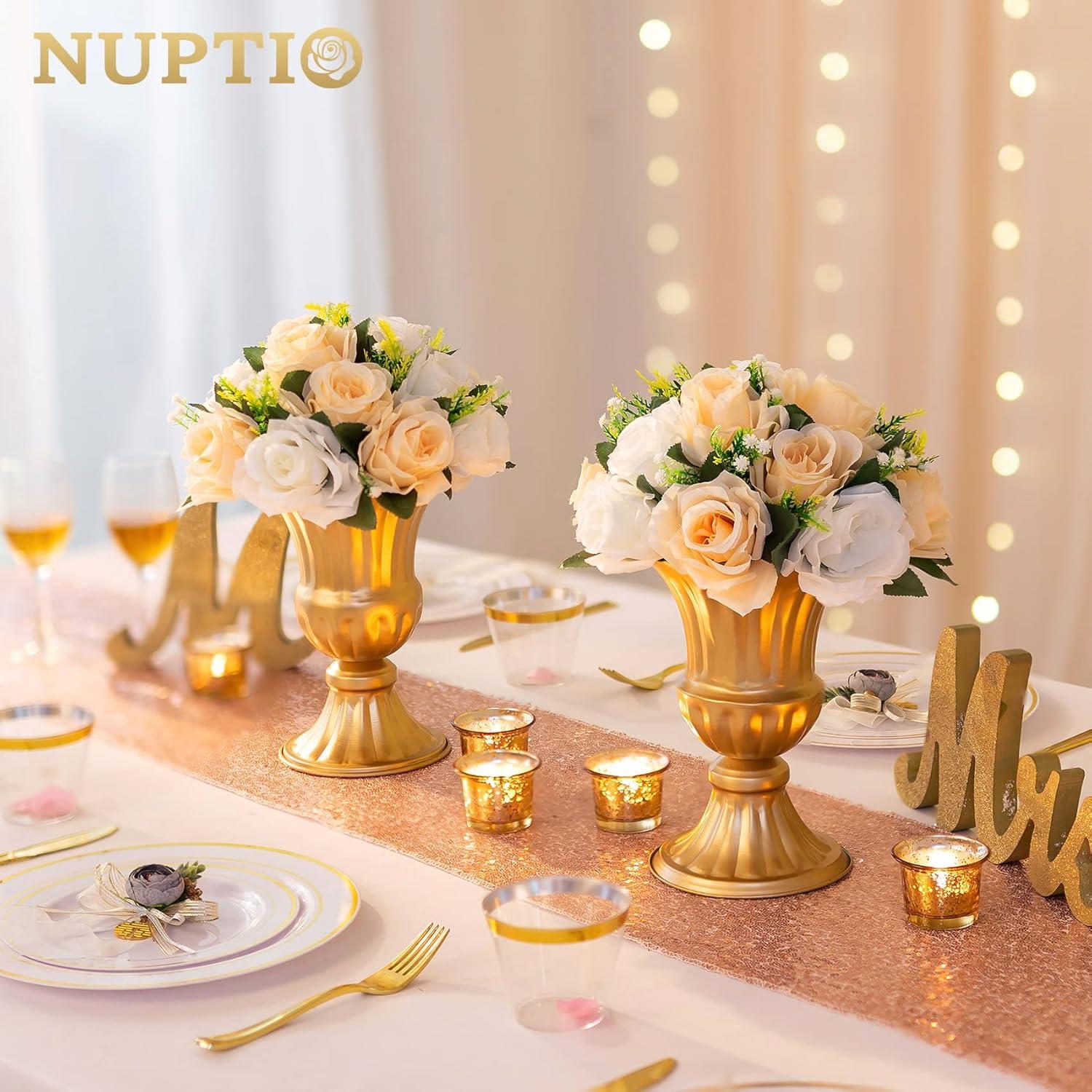 Nuptio Set of 10 Champagne Artificial Flower Kissing ball, 15 Heads Fake Peony Silk Rose Flowers Bouquet for Centerpiece Wedding Birthday Party Home Table Decor