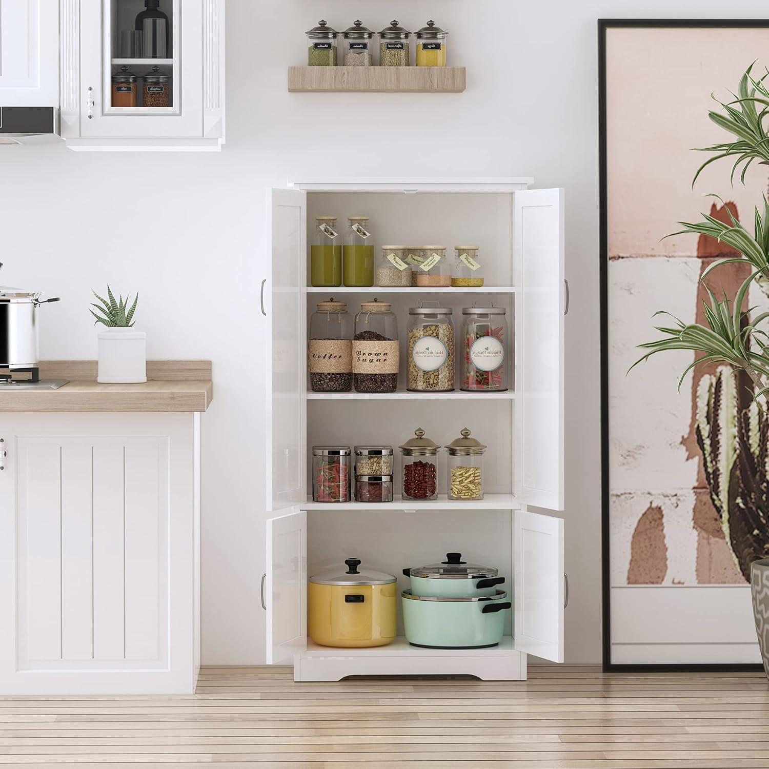 HOMCOM 48.5" Farmhouse Kitchen Pantry, Floor Storage Cabinet, Cupboard Organizer with Adjustable Shelves and 4-Doors for Dining Room, White