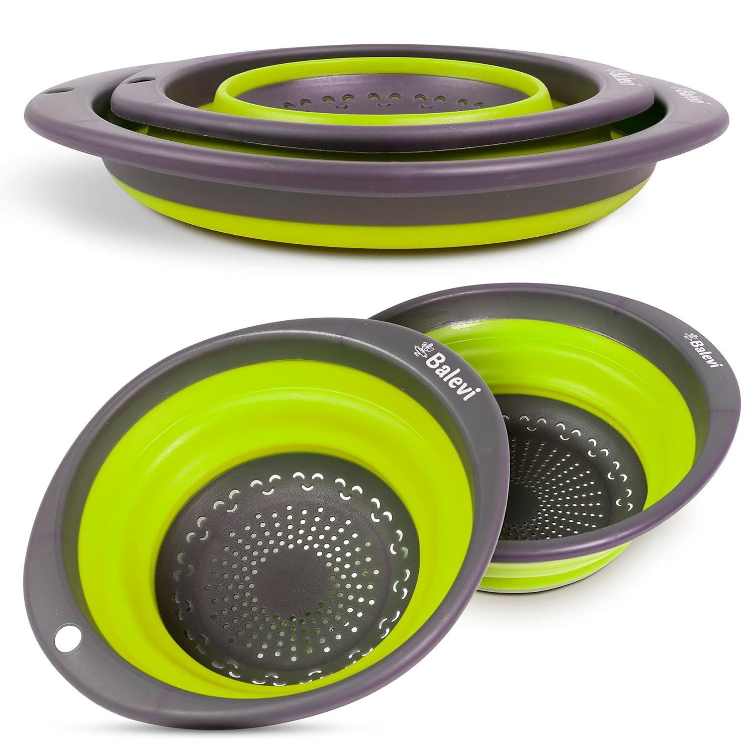 "Balevi Collapsible Strainers for Kitchen - Collapsible Colander Set of 2 Made of Silicone - Collapsible Strainer with Little Pegs to Keep Food Elevated - Green"
