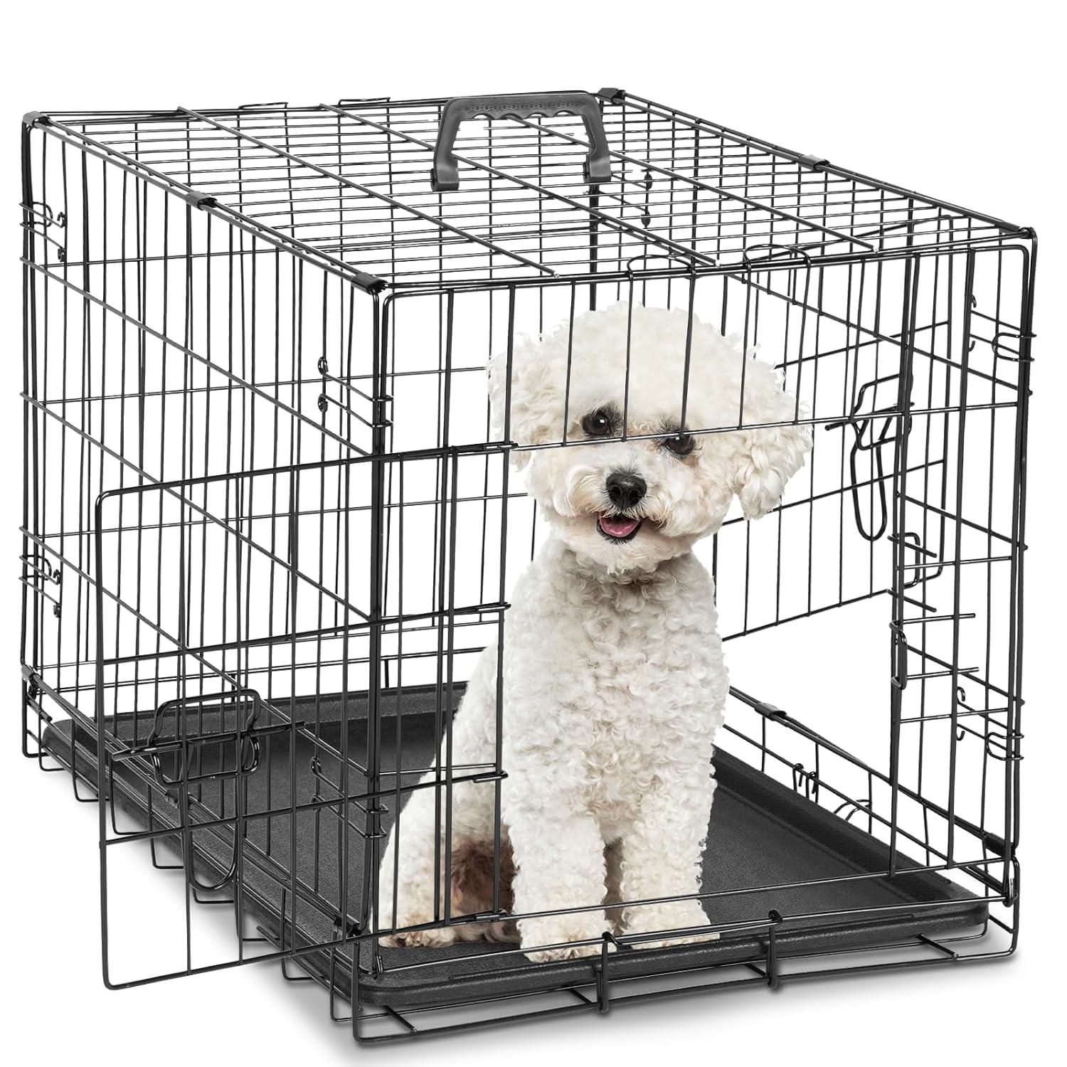 EDX Big Dog Crate with Divider Panel, 48 Inch Double Door Folding Metal Wire Dog Cage with Plastic Leak-Proof Pan Tray