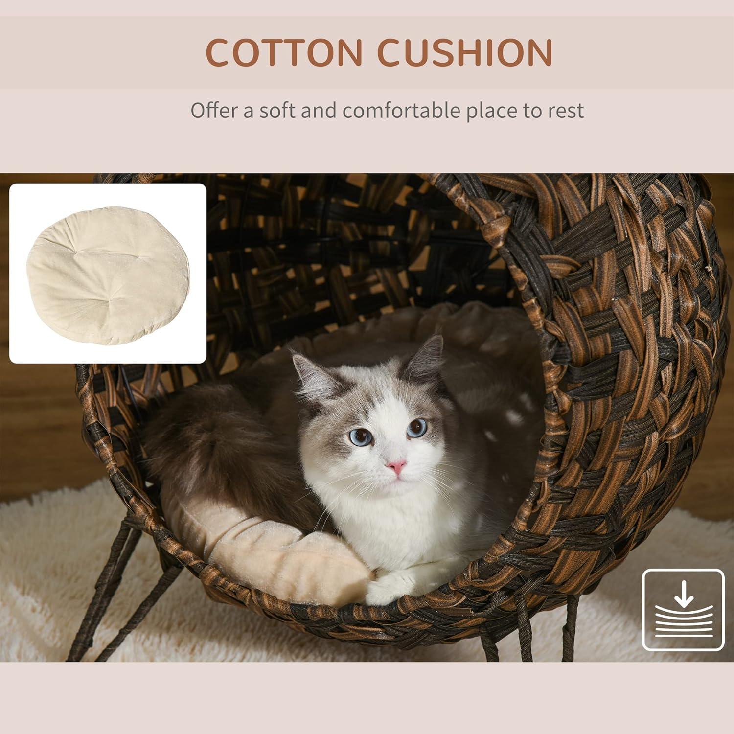 Hand-Woven Brown Rattan Elevated Cat Bed with Cushion