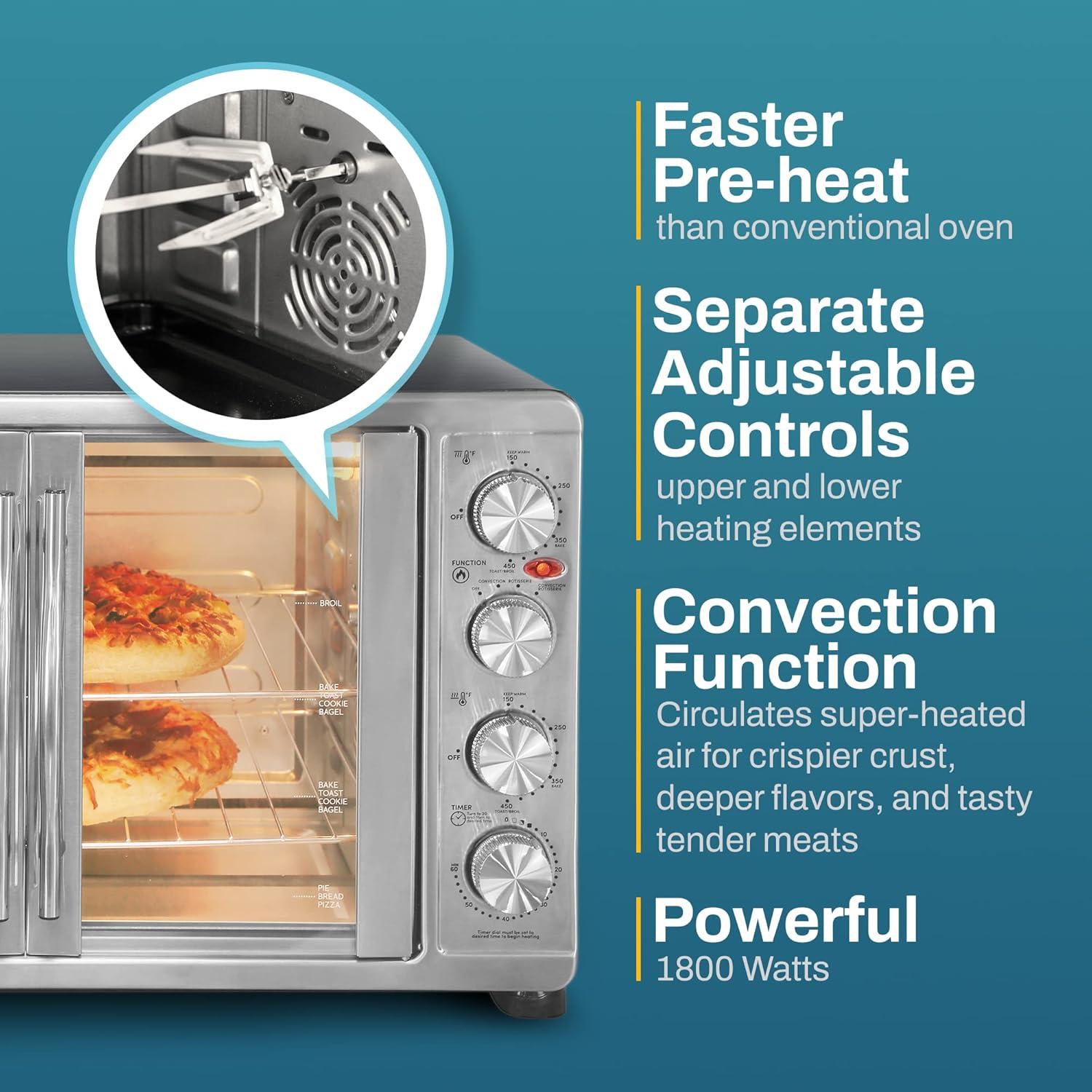 MODERN WALLS LLC French Door 47.5Qt, 18-Slice Convection Oven 4-Control Knobs, Bake Broil Toast Rotisserie Keep Warm, Includes Pizza Racks
