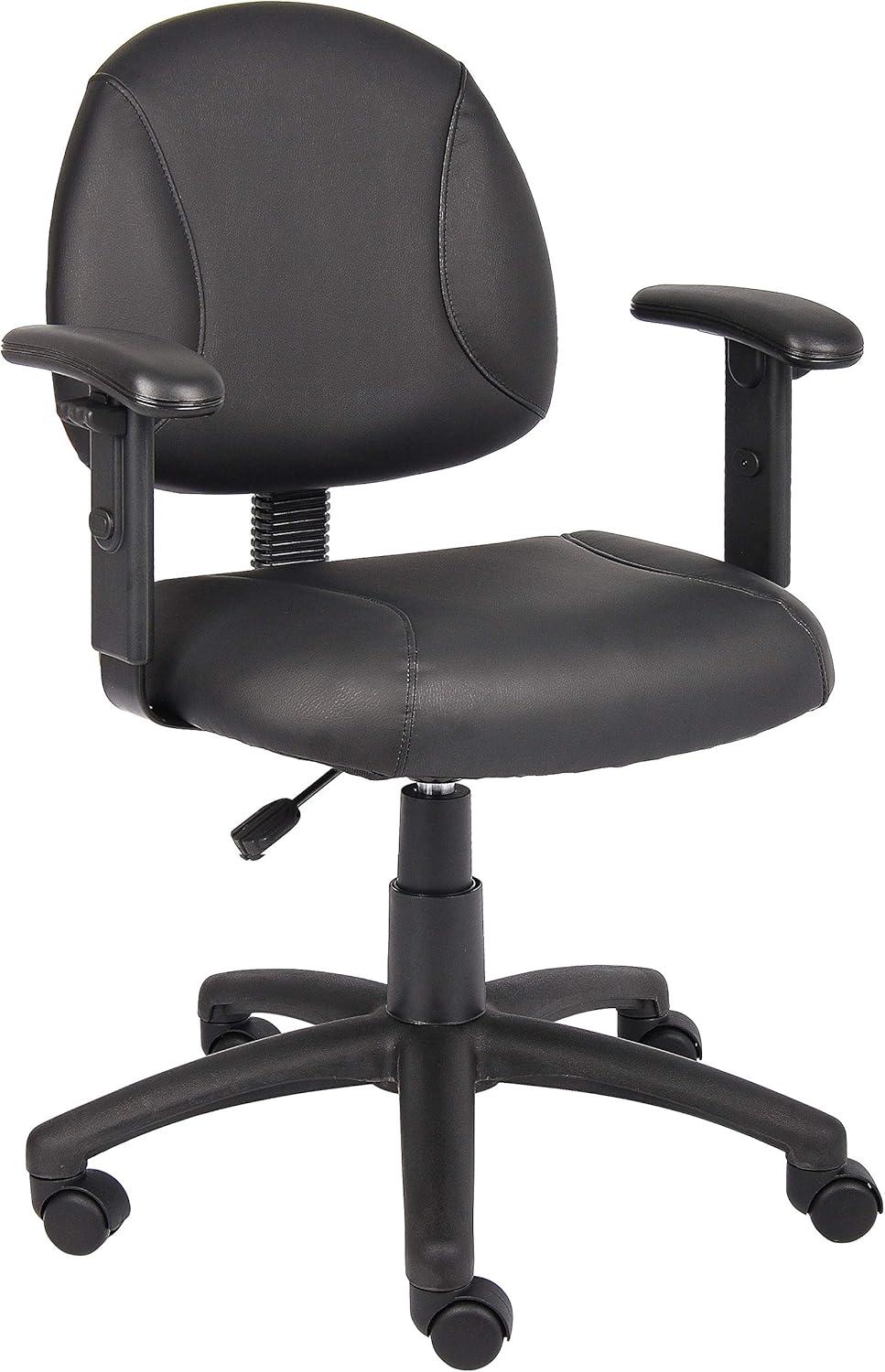 Posture Chair with Adjustable Arms Black - Boss Office Products: LeatherPlus, Lumbar Support, Swivel Base