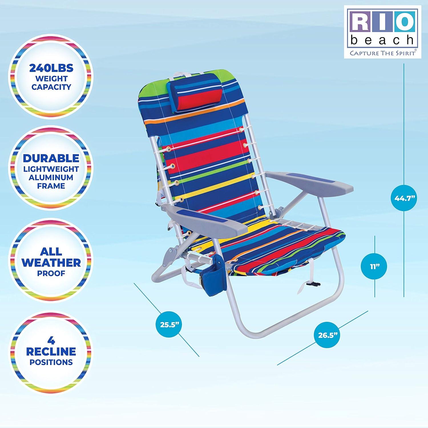 RIO GEAR 4-Position Backpack Lace-Up Suspension Folding Beach Chair, Multi Stripe