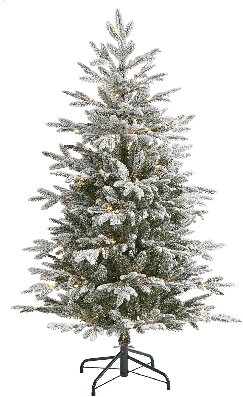Nearly Natural 4.5-ft Flocked Manchester Spruce Artificial Christmas Tree with 100 Lights and 357 Bendable Branches