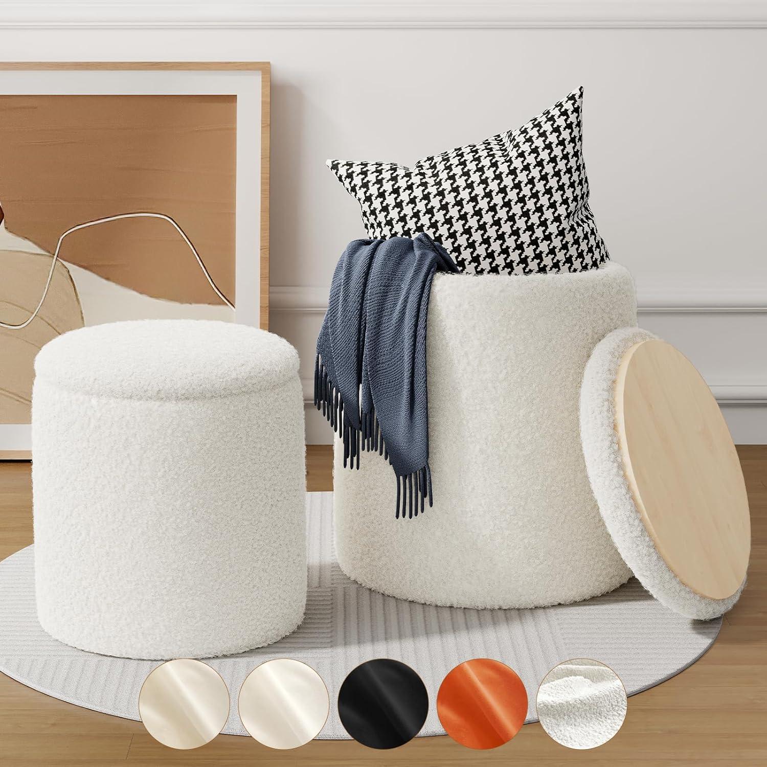 White Boucle Round Storage Ottoman Set with Wooden Lid