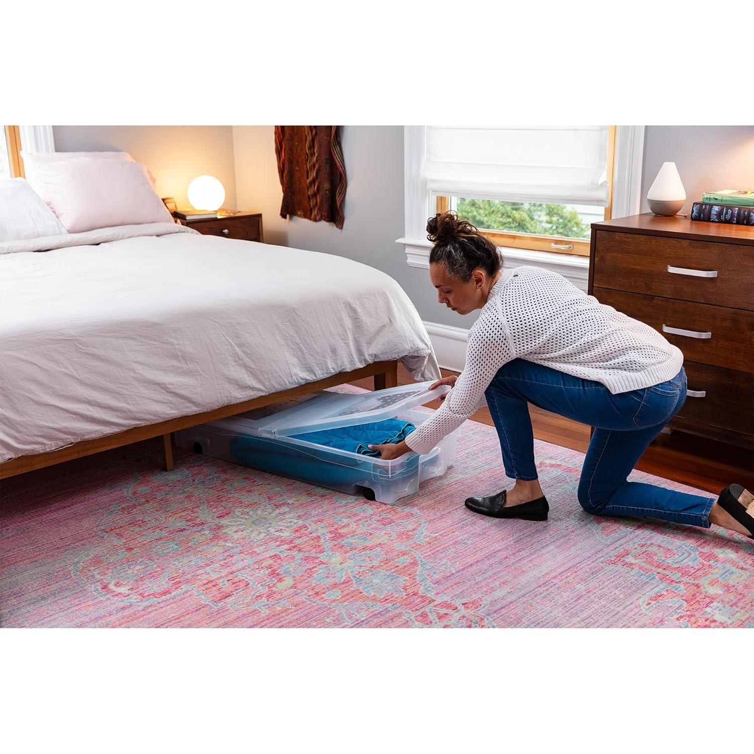 Rubbermaid Under Bed Wheeled Storage Box, 2-Pack, Made In USA, Plastic Containers With Dual-Hinged Lids And Sturdy Wheels, Visible Organization For Tight Spaces