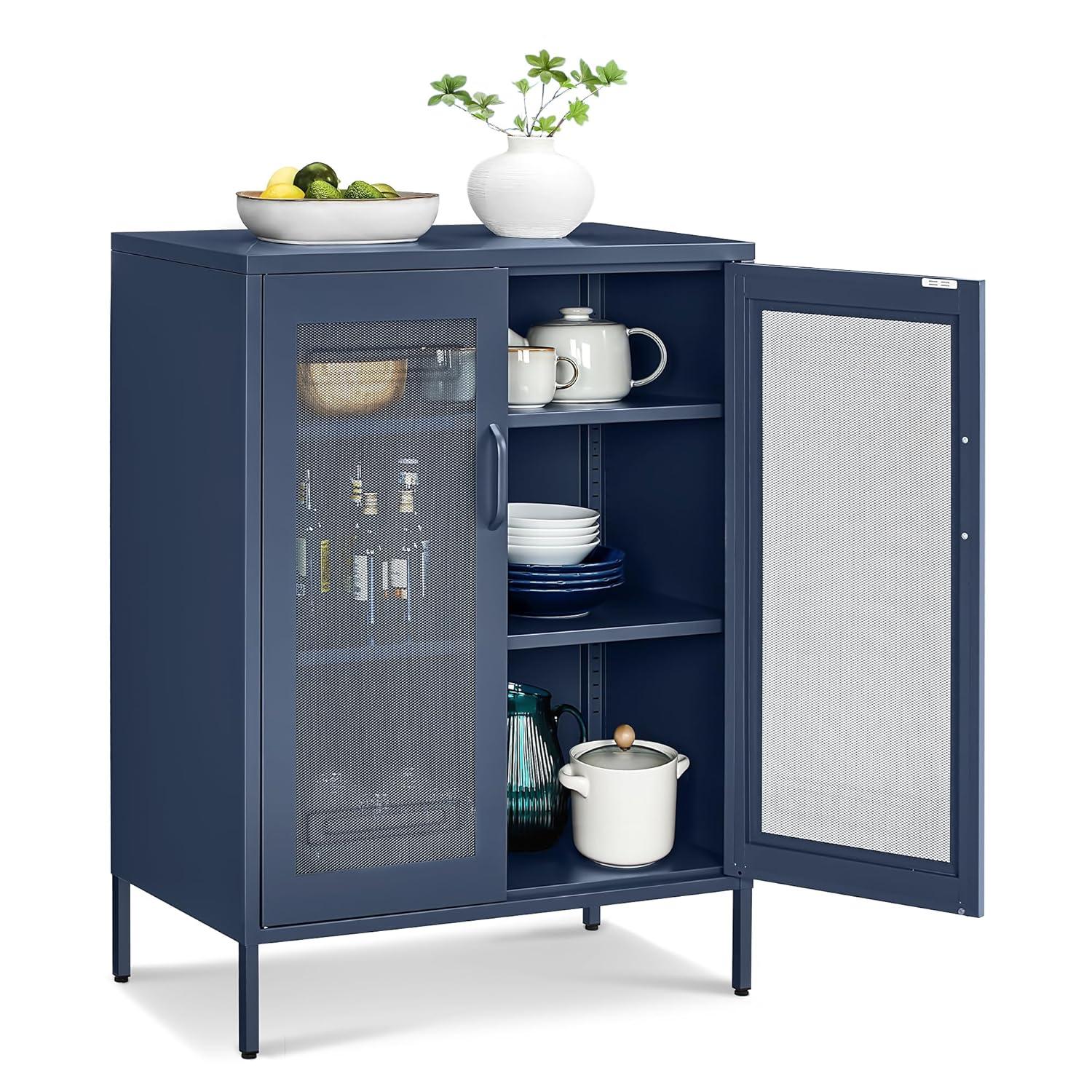 Metal Storage Cabinet with Mesh Doors, Steel Display Cabinets with Adjustable Shelves for Bathroom Home Office, Midnight Blue UOMC002Q03