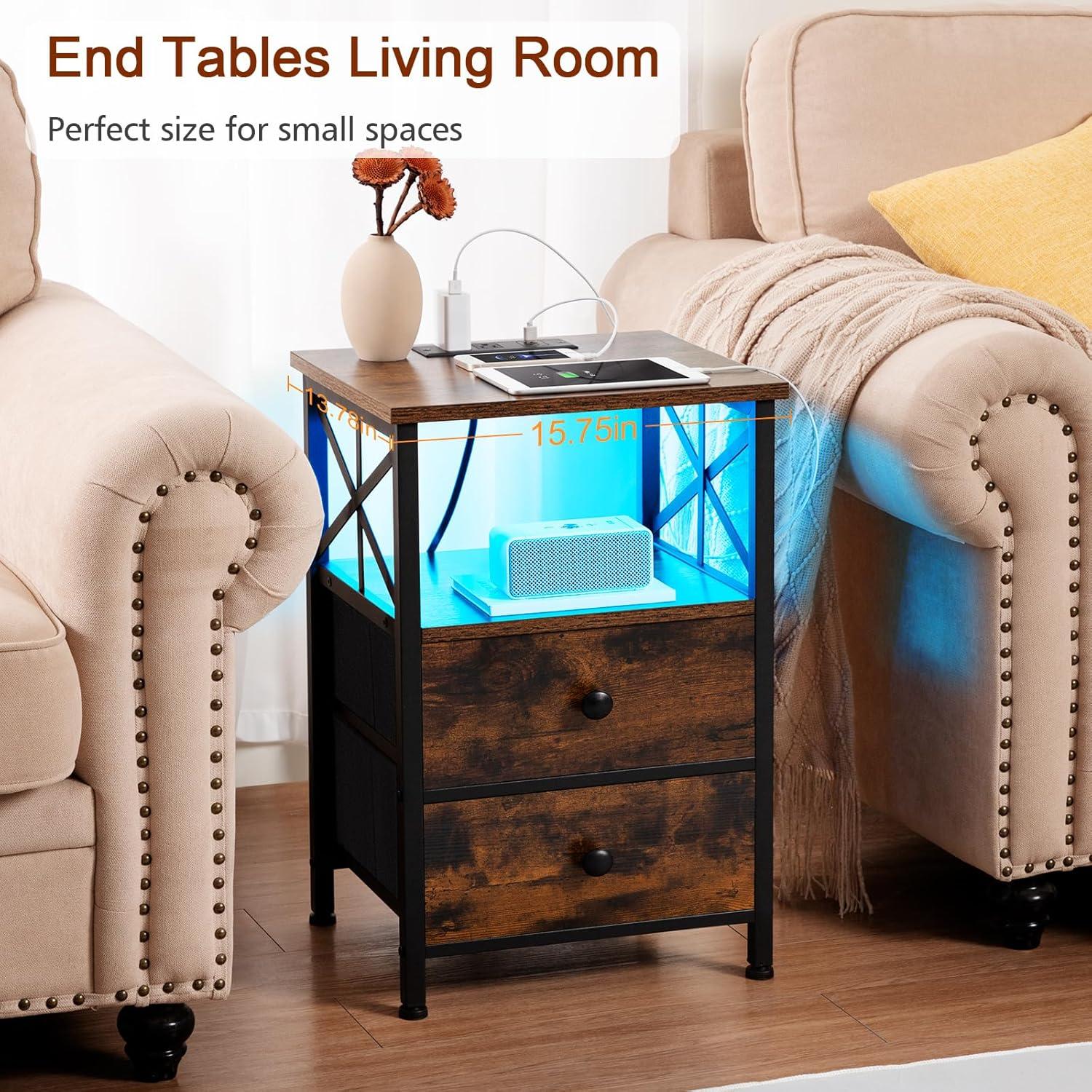 Rustic Brown LED Nightstand Set with Charging Station and Fabric Drawers