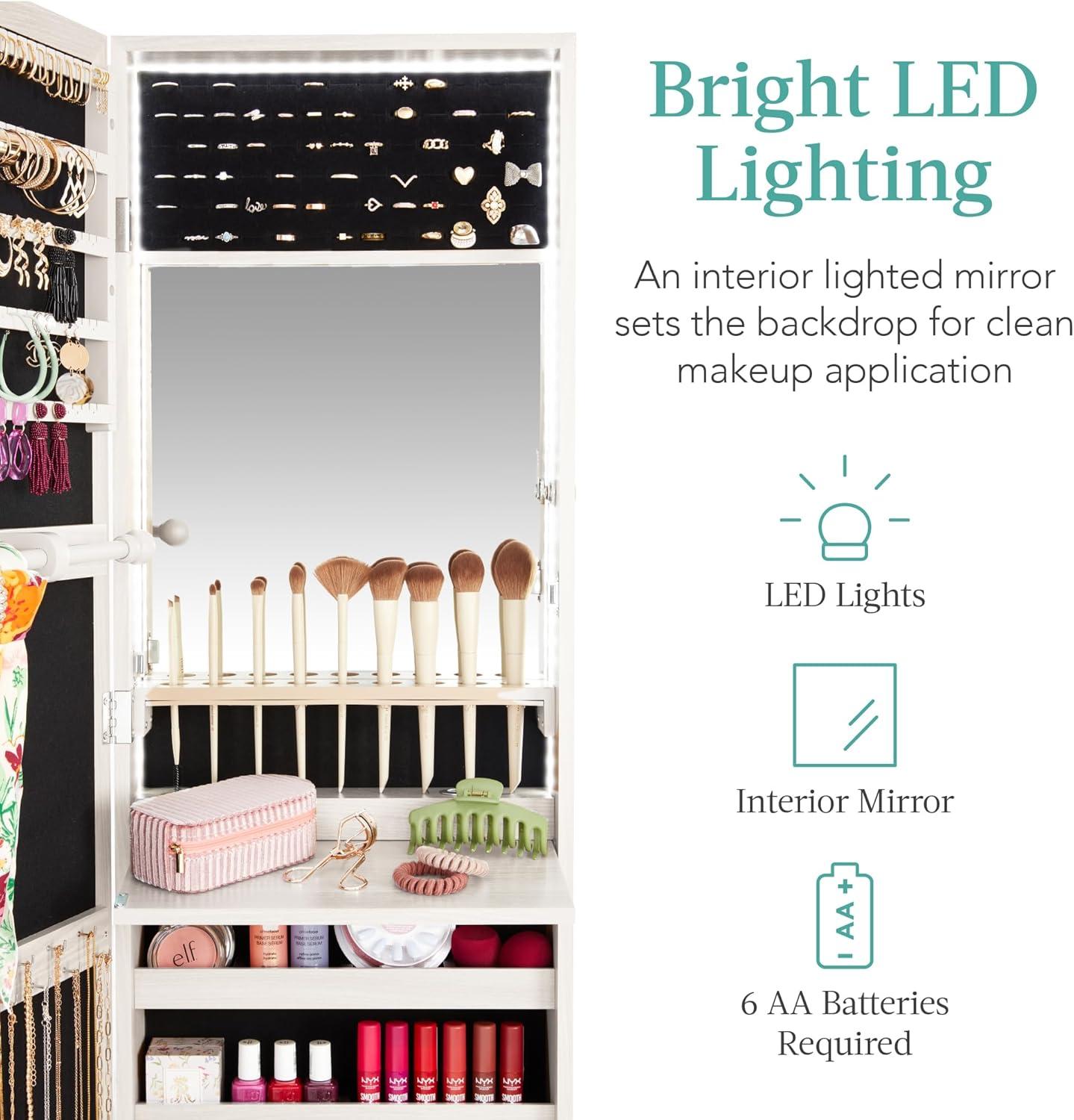 Best Choice Products Hanging Mirror Jewelry Armoire, Door or Wall Mounted Cabinet w/ LED Lights, Lock - Black