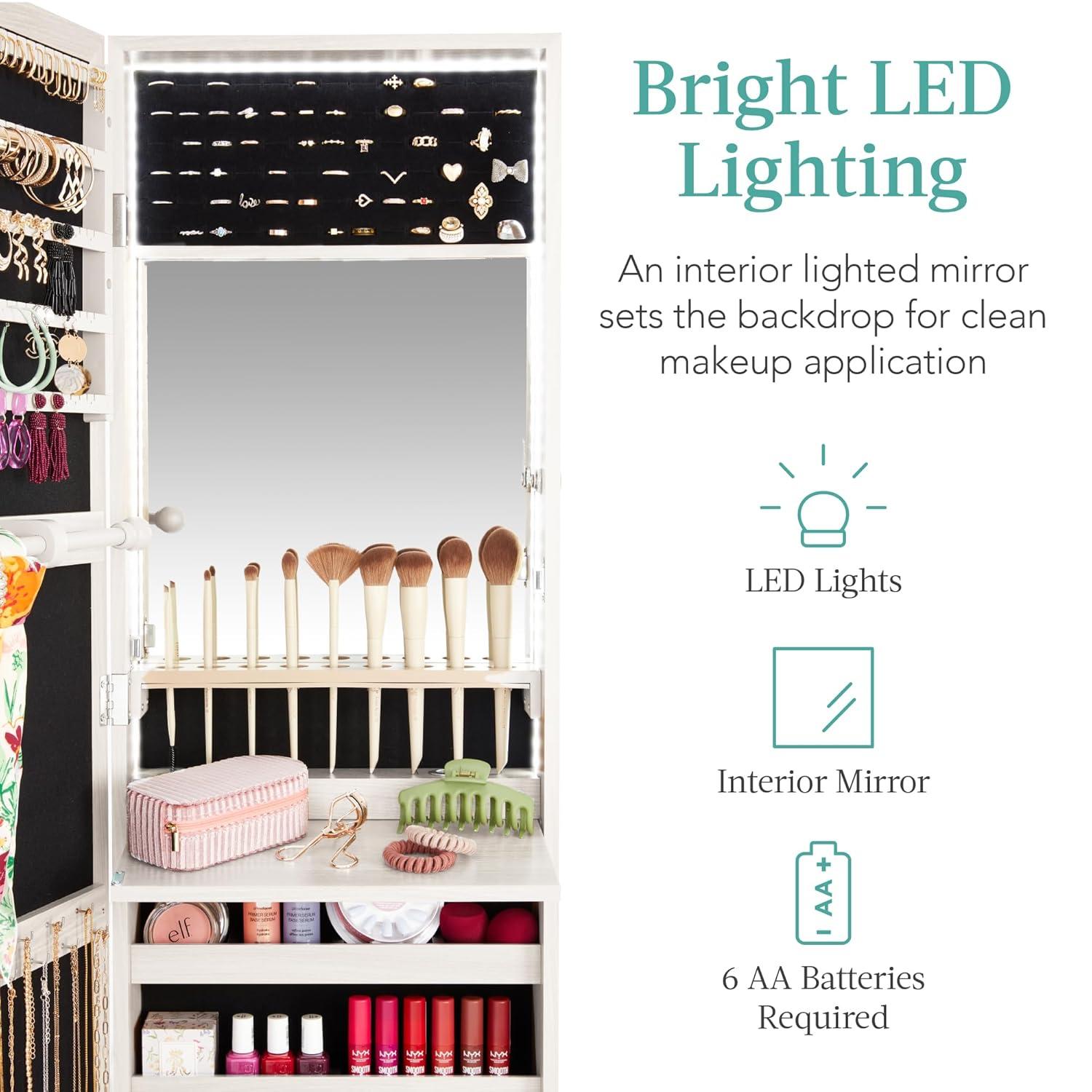 Best Choice Products Hanging Mirror Jewelry Armoire, Door or Wall Mounted Cabinet w/ LED Lights, Lock - Black