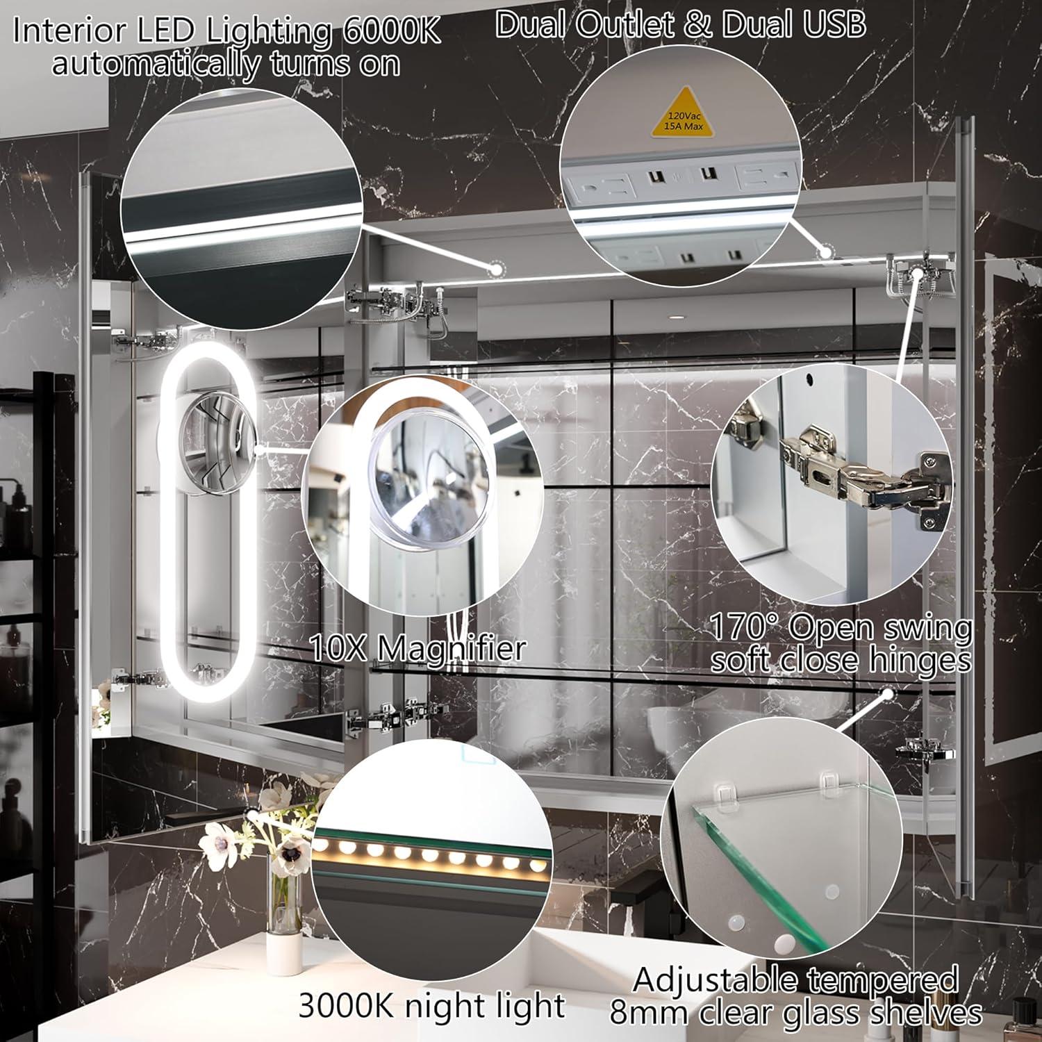 MEDUNJESS 72''x36'' Surface or Recessed Mount LED Medicine Cabinet with Mirror and Defogger 3 doors Medicine Cabinet