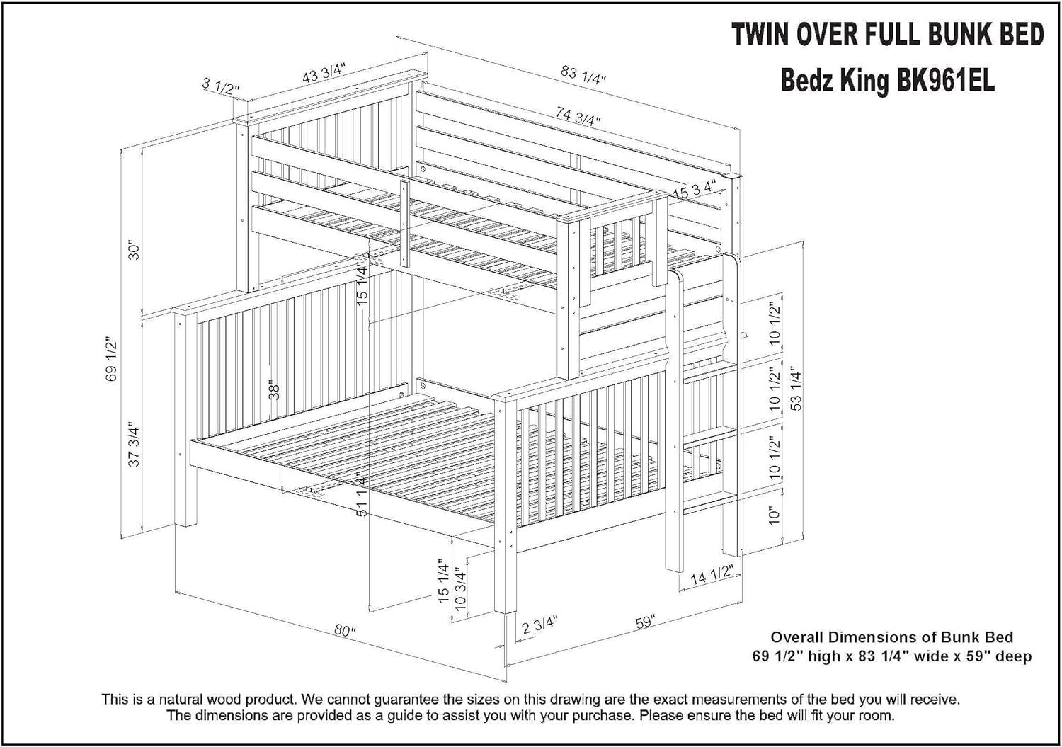 Bedz King Bunk Beds Twin over Full Mission Style with End Ladder and a Twin Trundle, White