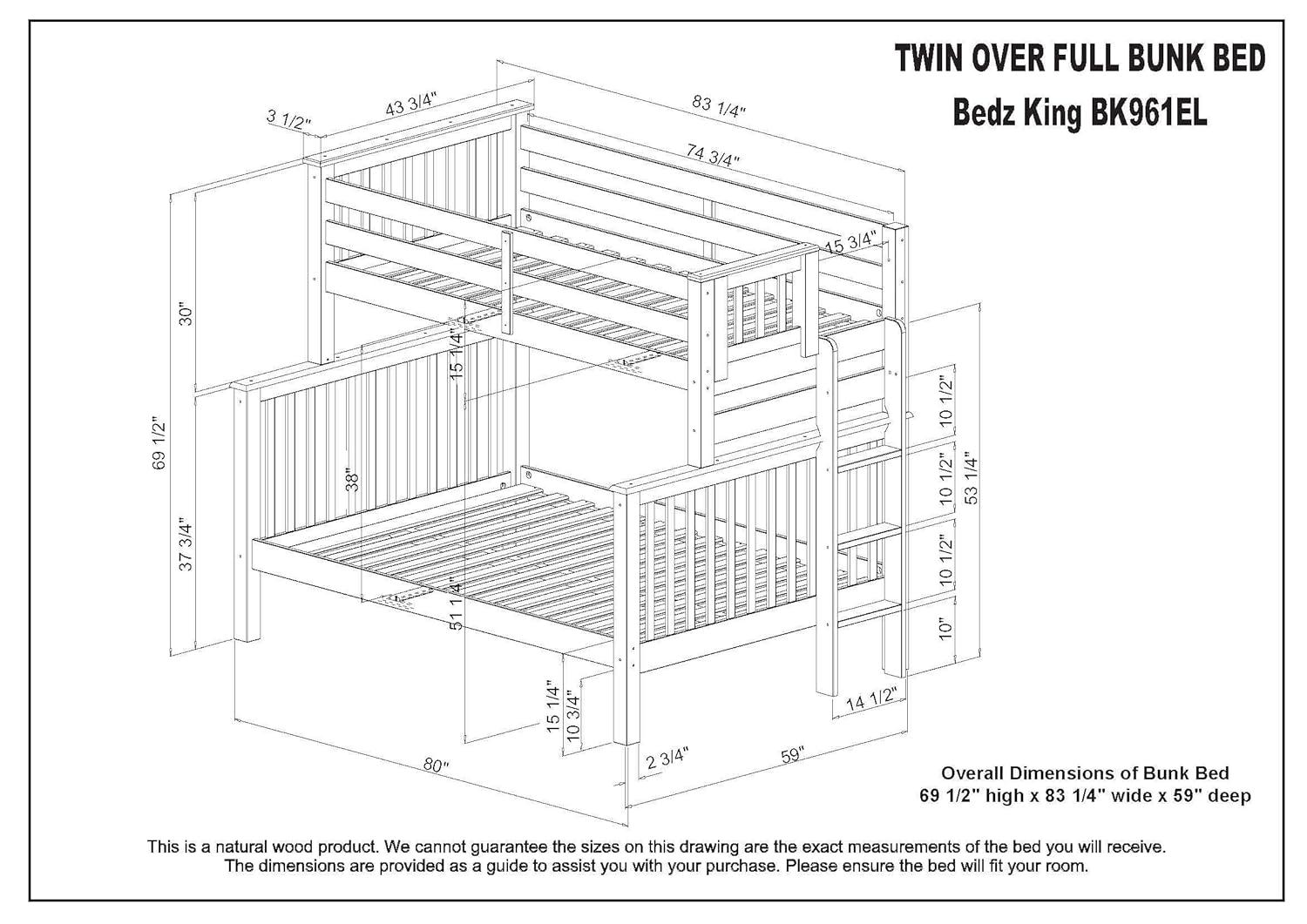 Bedz King Bunk Beds Twin over Full Mission Style with End Ladder and a Twin Trundle, Gray