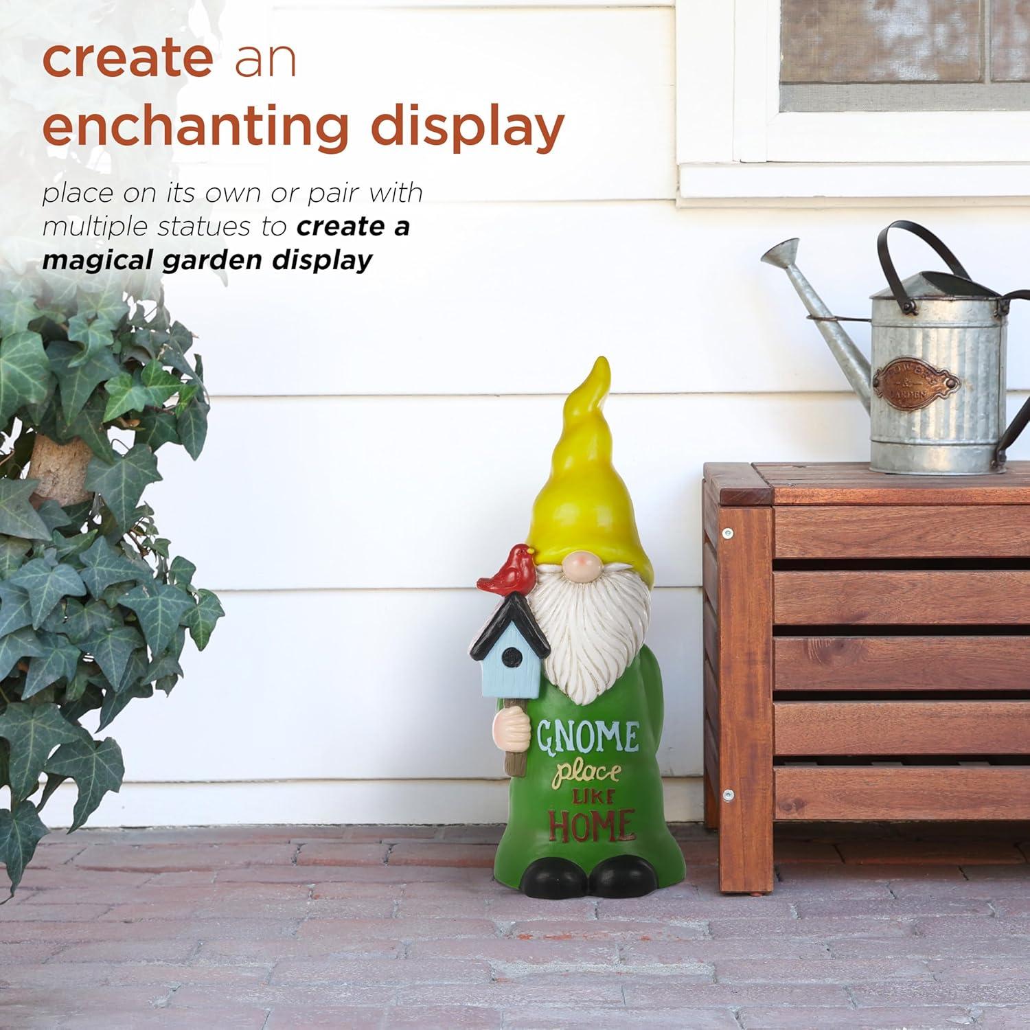 24" Magnesium Oxide "Gnome Place Like Home" Indoor/Outdoor Garden Gnome Statue Green/Yellow - Alpine Corporation