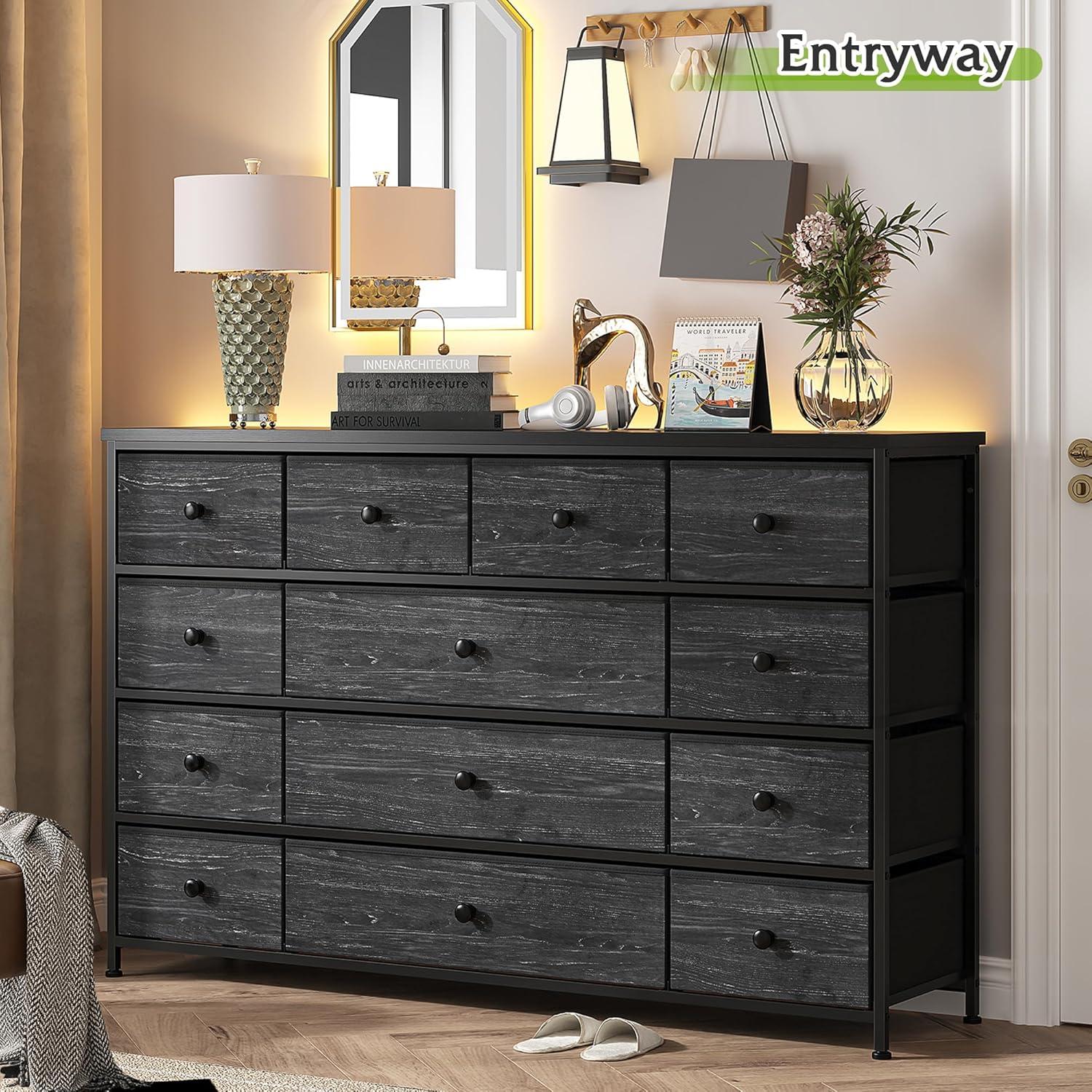 EnHomee 55"W Dresser for Bedroom Black Fabric Dresser with 13 Drawers Long Dressers & Chests of Drawers for , Living Room,Entryway