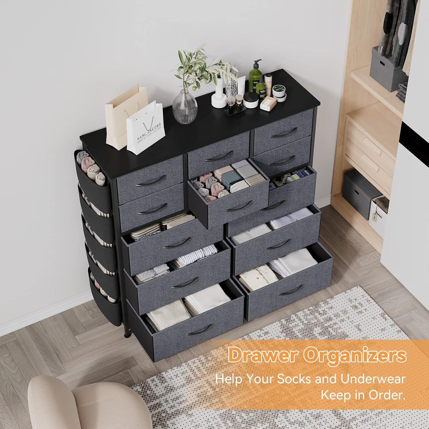 Gray Industrial 12-Drawer Fabric Storage Dresser with Levelers