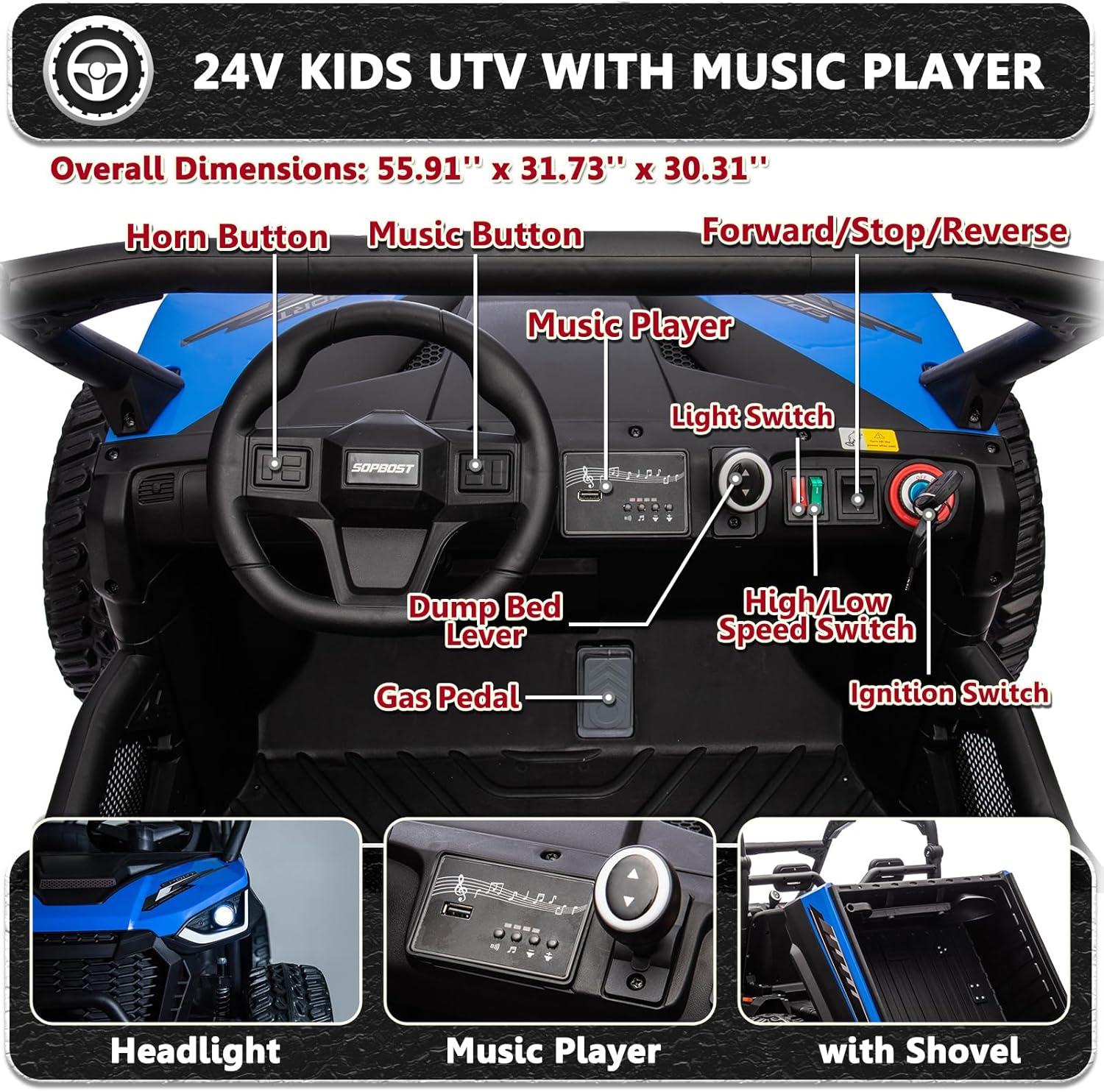 DreamDwell Home 4 Wheels 24V Ride on Dump Truck Toys 2 Seater Kids Ride On UTV Car with Remote Control,Electric Dump Bed