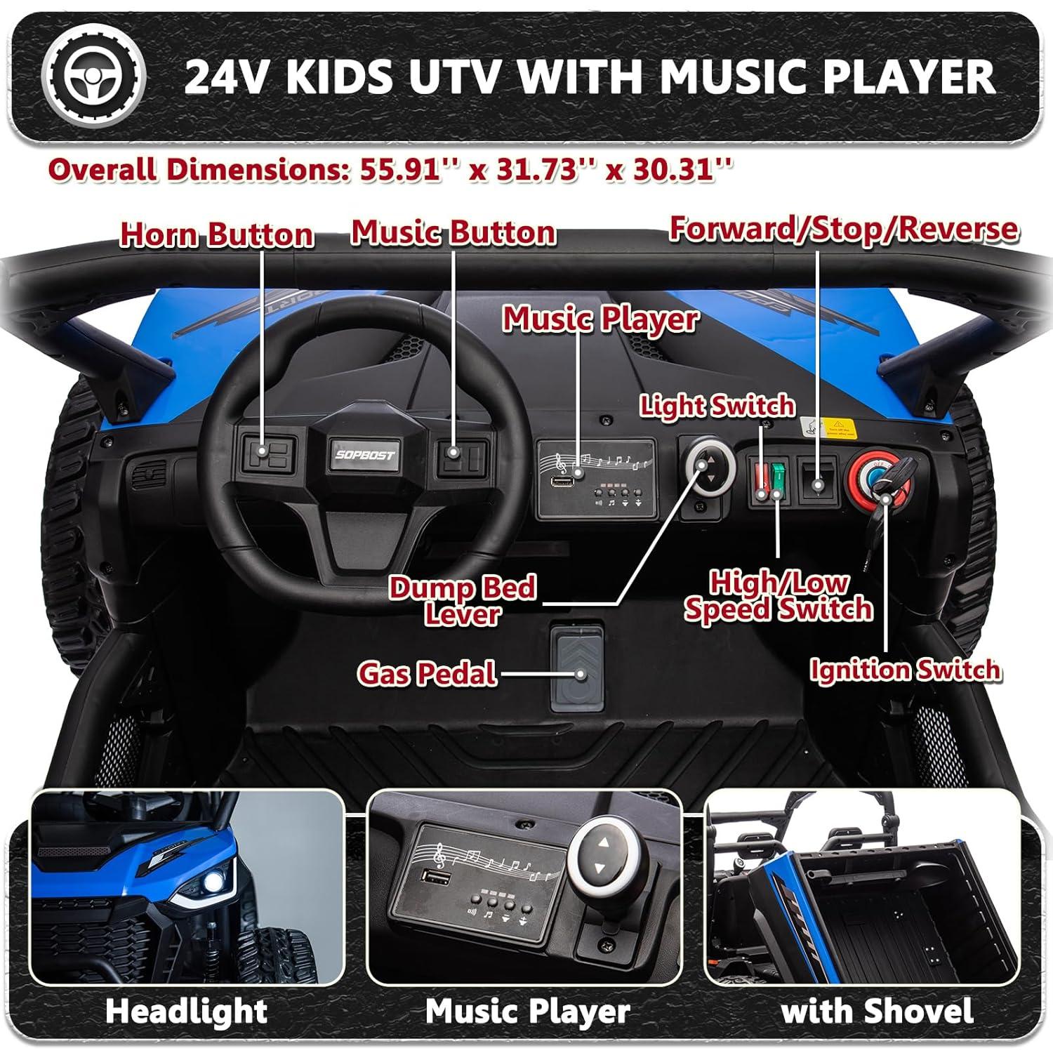 DreamDwell Home 4 Wheels 24V Ride on Dump Truck Toys 2 Seater Kids Ride On UTV Car with Remote Control,Electric Dump Bed