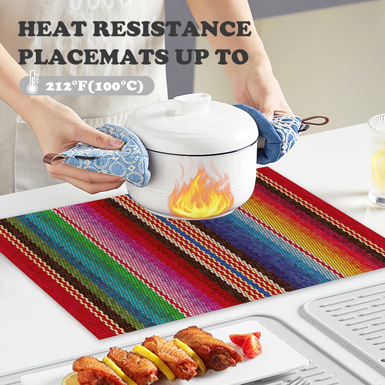 Rainbow Colorful Stripe Mexican Placemats Set of 6,Ethnic Mexican,Waterproof Non-Slip Washable Table Mats Set for Kitchen Dining Holiday Party Wedding Decor 12x18 Inch