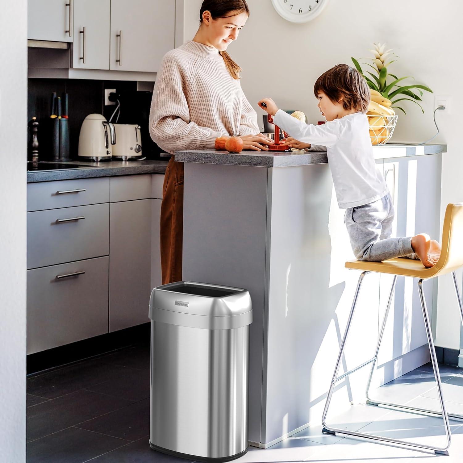 iTouchless  13 Gal Elliptical Open Top Stainless Steel Trash Cans with AbsorbX Odor Filters