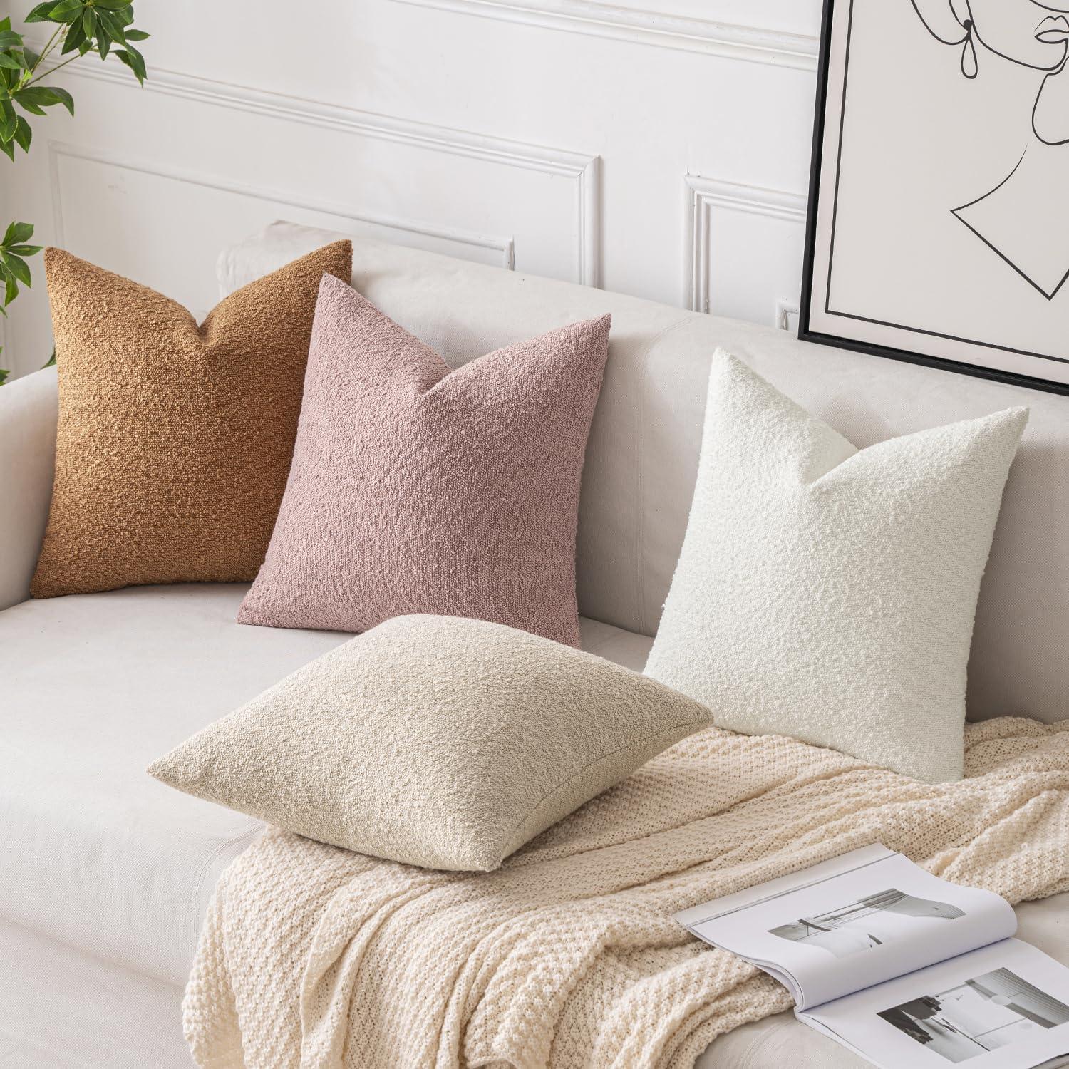 Boucle Decorative Throw Pillow Covers for Couch Set of 2, 18x18 inches, Beige