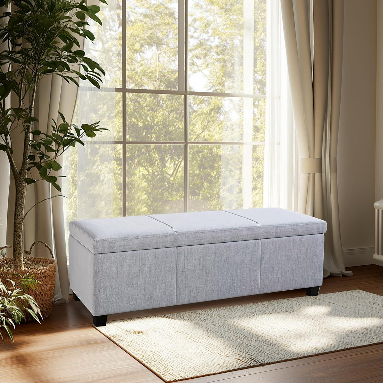 Gray Linen Storage Ottoman Bench with Rubber Wood Legs