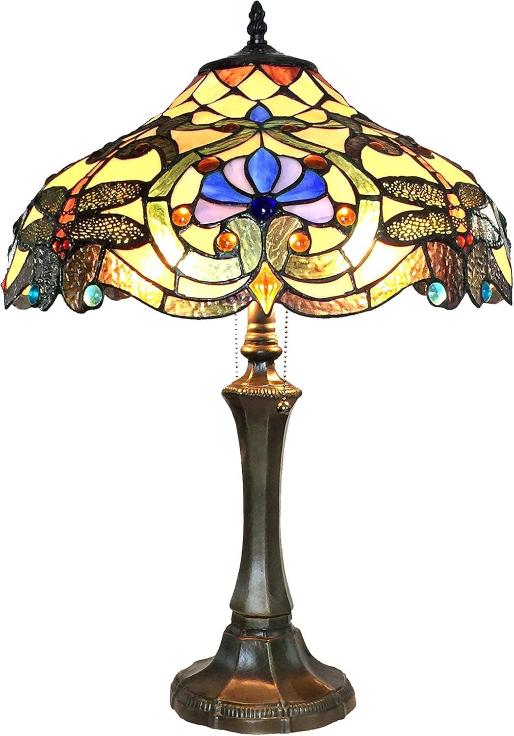 Amberwing Art Nouveau Bronze Dragonfly Stained Glass Table Lamp