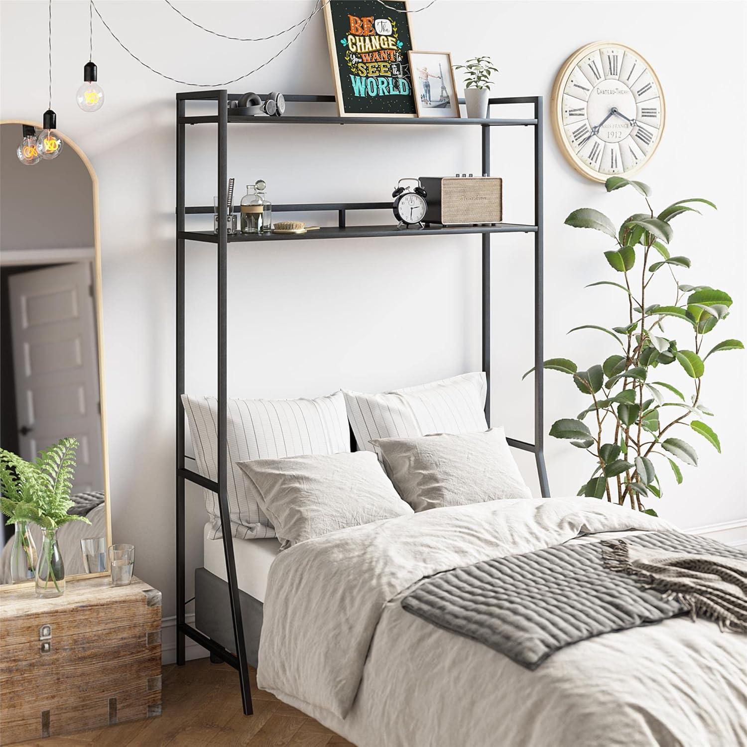 Twin Black Oak Over-The-Bed Storage Shelf with Drawer