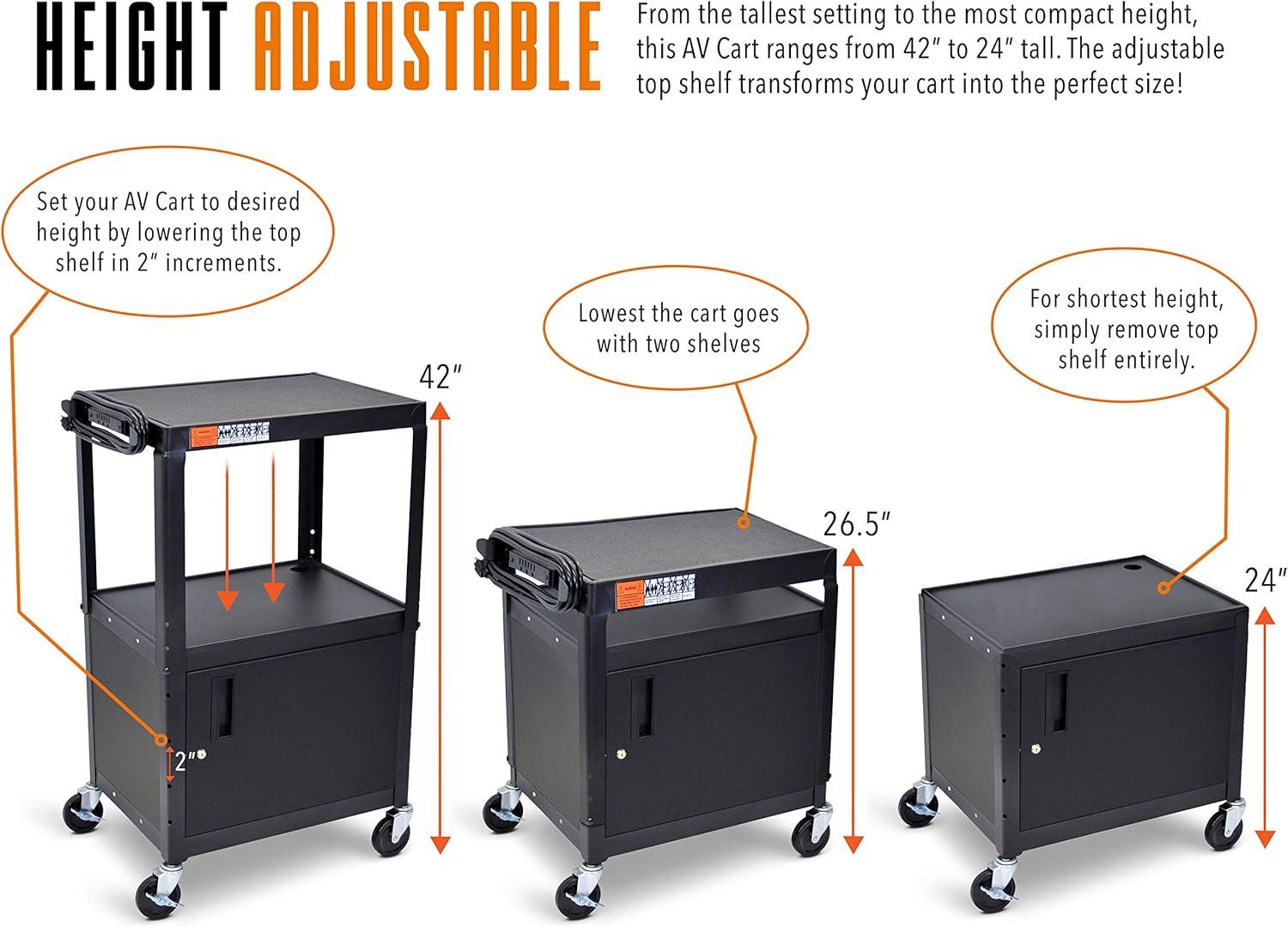 Black Adjustable Metal Utility Cart with Locking Cabinet and Swivel Wheels