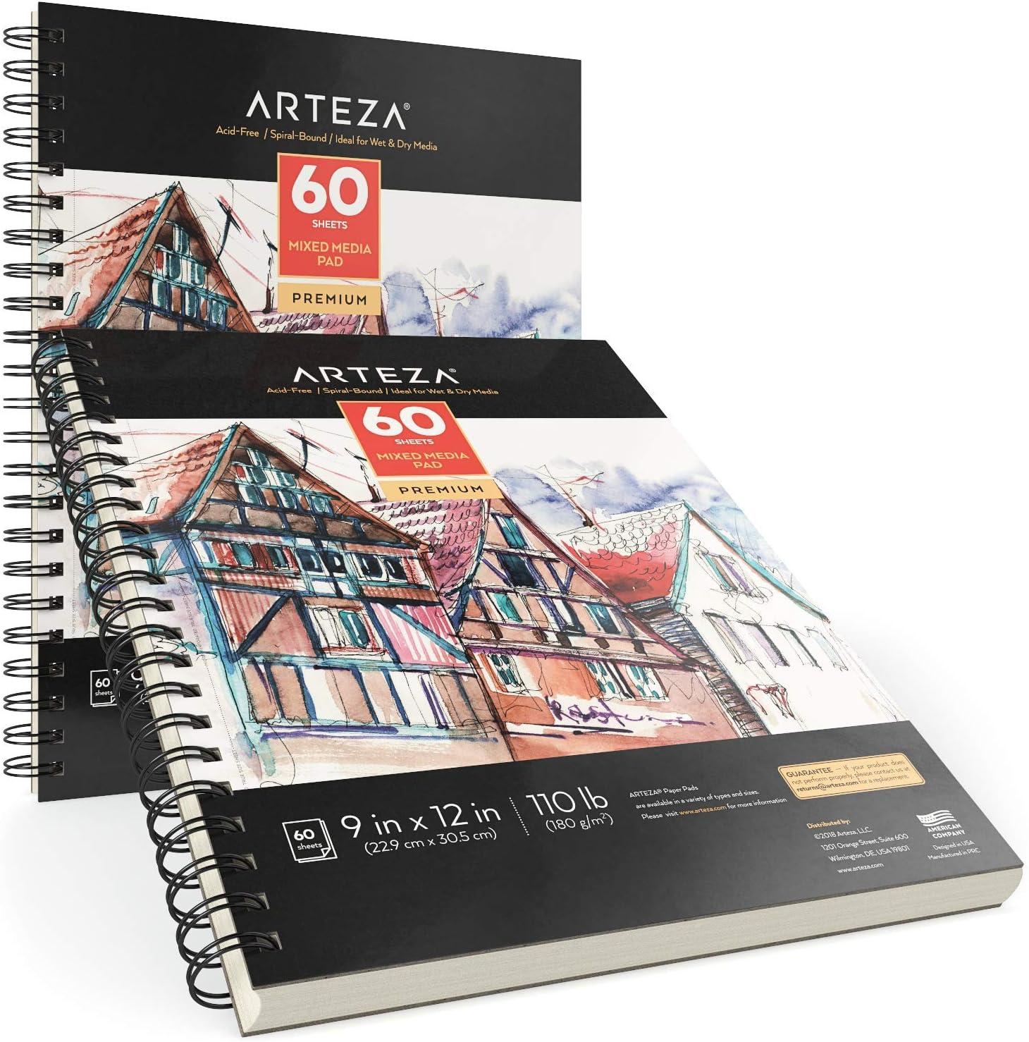 ARTEZA Mixed Media Sketchbook, 9 x 12 Inches, Pack of 2, 60 Sheets Each, Spiral-Bound Drawing Paper Pad for Wet and Dry Media C57