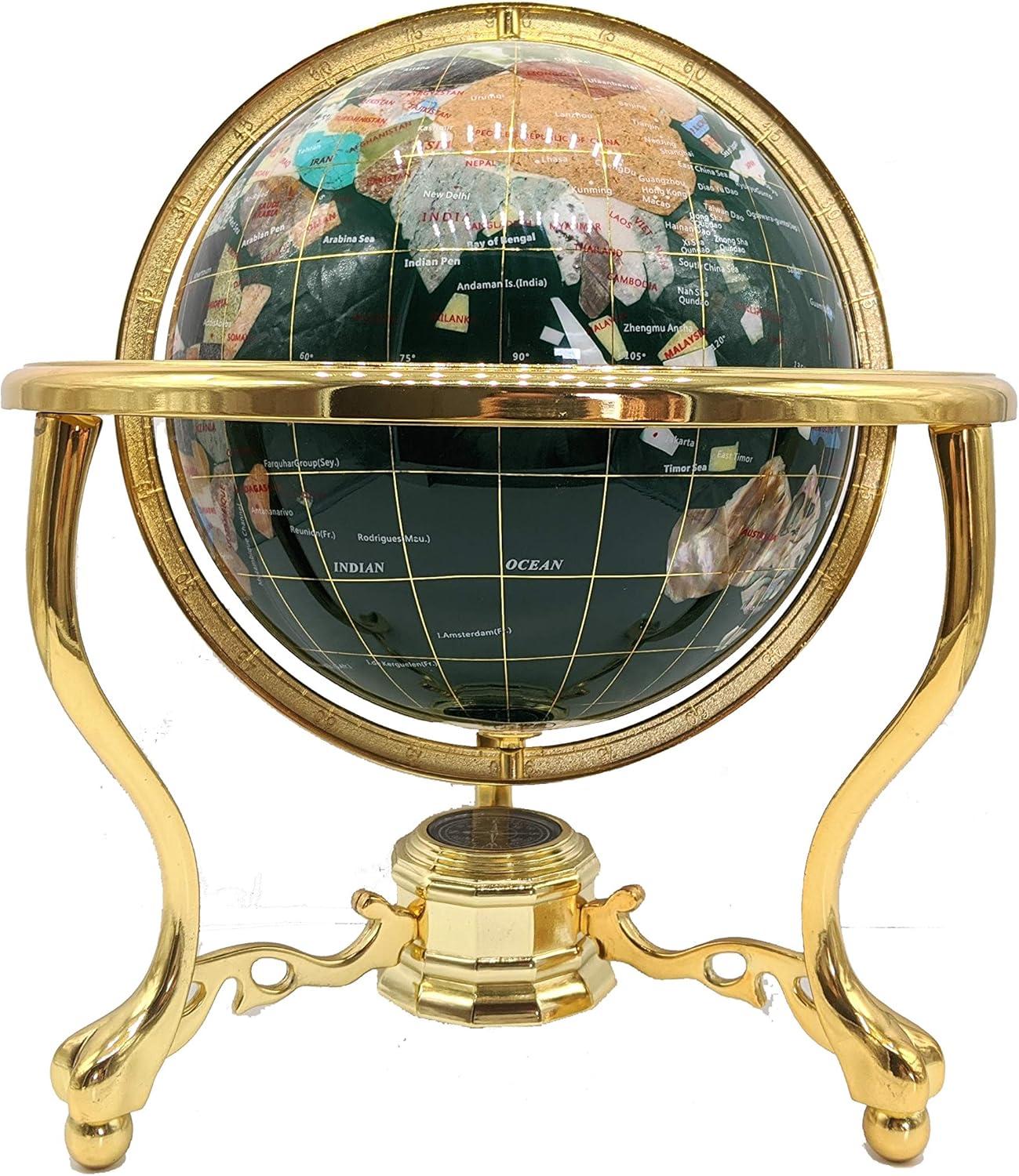 Malachite Green Gemstone World Globe with Gold Tripod Stand