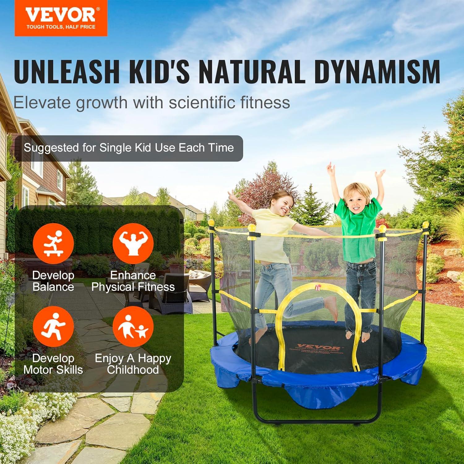 VEVOR 60" Trampoline for Kids Mini Toddler Trampoline with Net Indoor Outdoor
