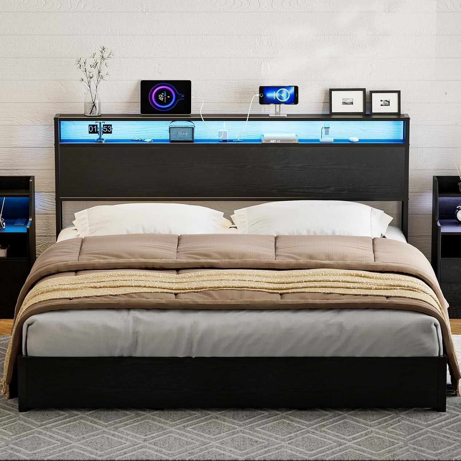 Ivy Bronx Kaiwei Storage Headboard With Led Lights & Charging Station - Industrial Metal And Wood